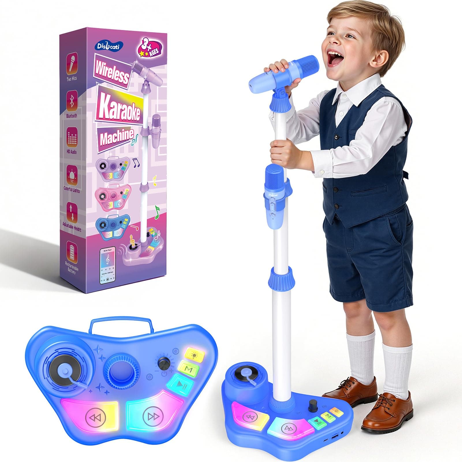 Dislocati Micrófono Inalámbrico para Niños con Luces LED, Regalo para Niños 3+ Años, Altavoz Portátil con Bluetooth, Micrófono Doble Ajustable 47-108 cm para Fiestas y Karaoke en Casa