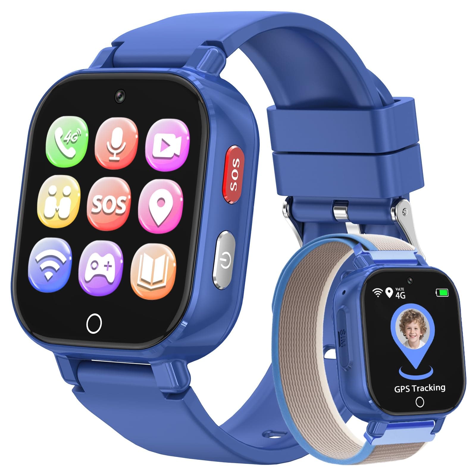PTHTECHUS 4G Reloj Inteligente Niño con Videollamada, GPS, SOS, Chat de Voz, IP68 Impermeable, Modo Escuela, Podómetro, Despertador, Reloj Infantil Regalo para Niños Niñas de 4 a 12 Años (Navy-8A)