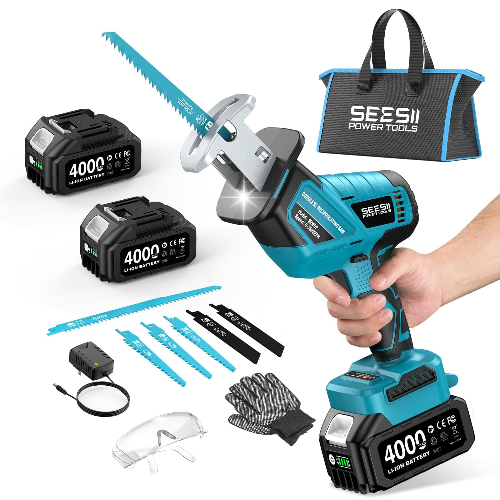SEESII Sierra Sable Inalámbrica 21V, Sierra Alternativa de 2 Baterías 4.0Ah, 3500 RPM motor sin escobillas, luz LED, 6 hojas de sierra portátil para madera PVC de corte