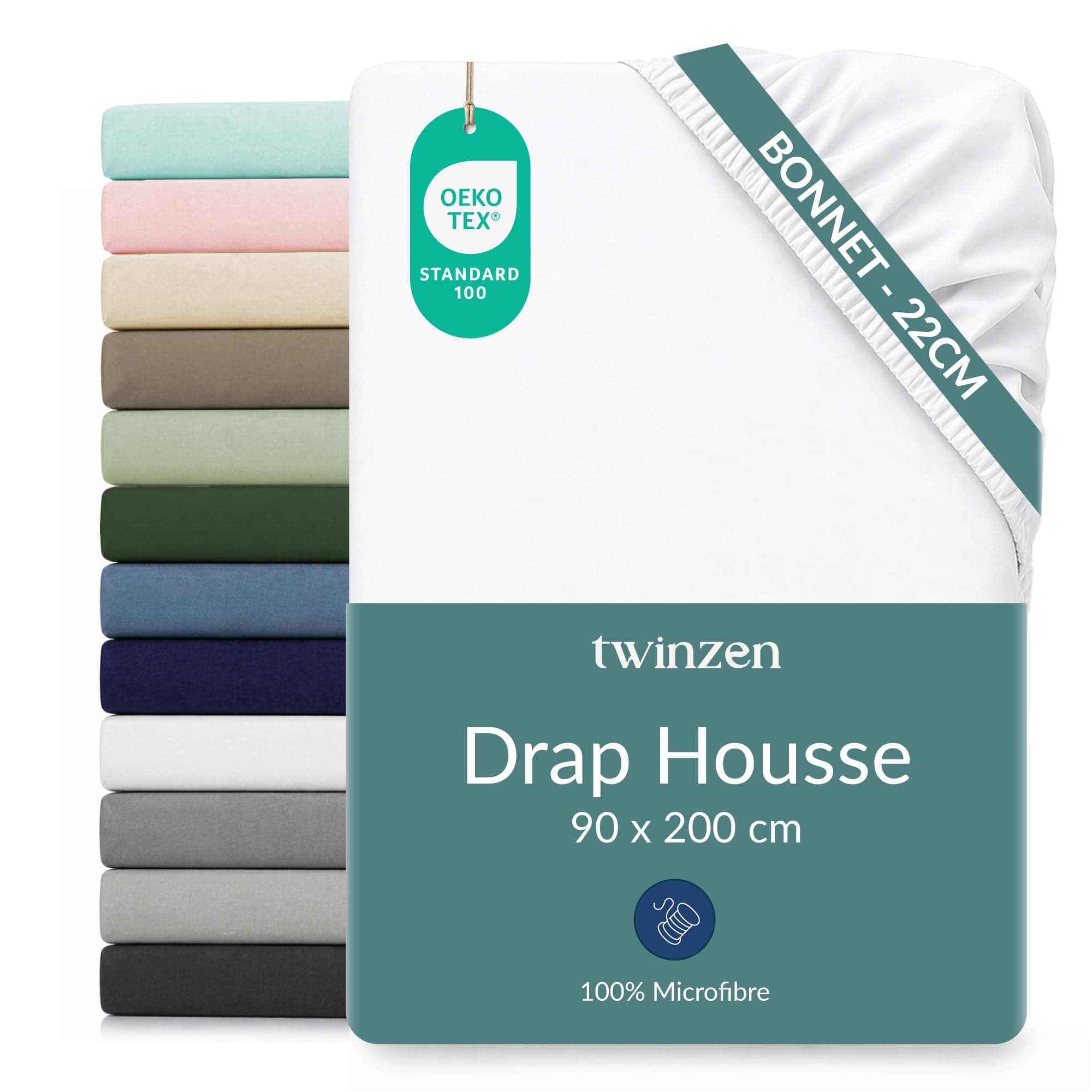 Twinzen Drap Housse 90x190 /90x200 cm avec Bonnet 25cm, 100% Polyester - Drap Housse 90x200 / 90x190, Blanc - Certifié Oeko-Tex