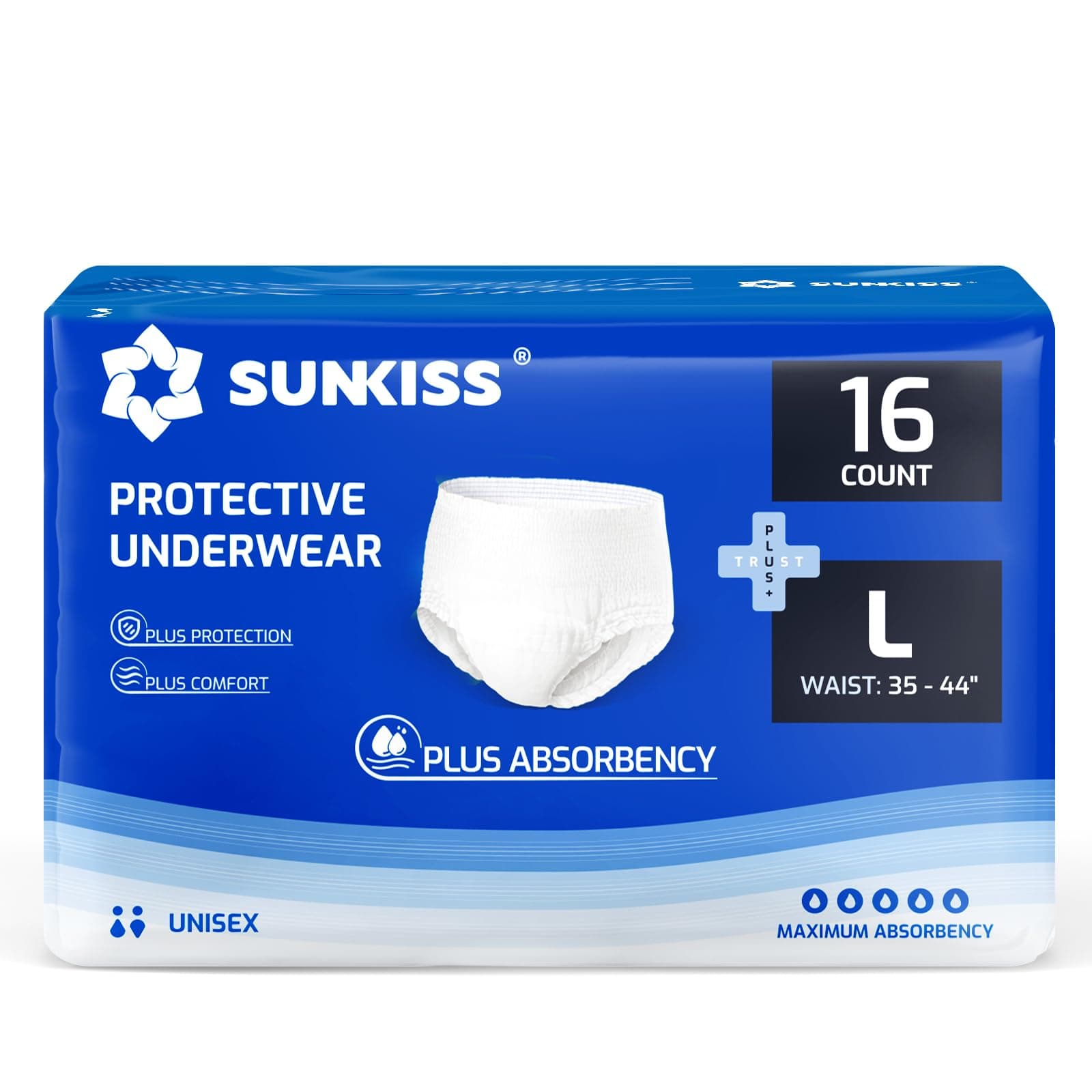 SUNKISS TrustPlus Couche Adulte Culotte Unisexe L, 16 Unités | Haute absorption, protection anti-fuites et contrôle des odeurs pour une protection urinaire confortable au quotidien