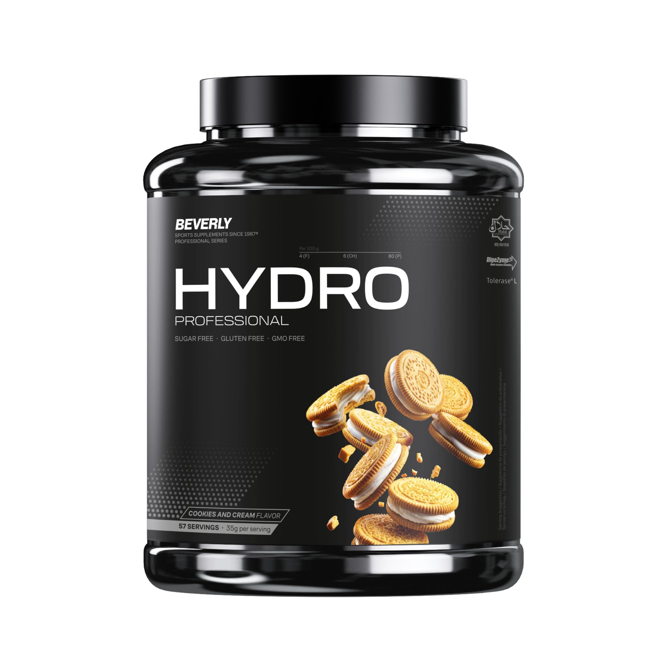 Beverly HYDRO PROTEIN - Proteína hidrolizada de suero whey con Digezyme y Tolerase L - 2 Kg - 55 servicios - Excelente Digestibilidad - Aumento de la masa muscular (2 Kg, Cookies & Cream)