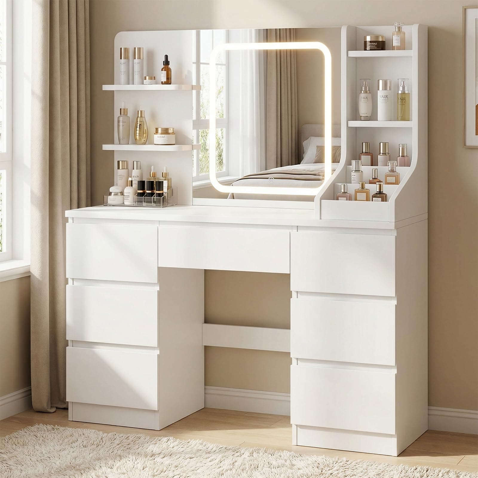 TRIUMPHKEY Toeletta Trucco con Specchio LED XL, Postazione Trucco 110cm con 7 Cassetti Alti per Bottiglie, 3 Ripiani, Design Eco-Sostenibile RCS, Regalo Perfetto, Bianco