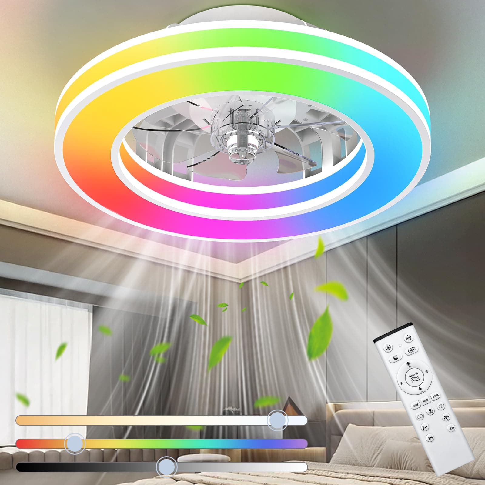 Ateroll Ventilateur Plafond avec Lumiere Ø41.5 cm, 3000K-4000K-6500K+RGB, 6 Vitesses de Ventilation Réglables avec Télécommande, Minuterie, Mémoire de Lumière, Ventilateur Réversible