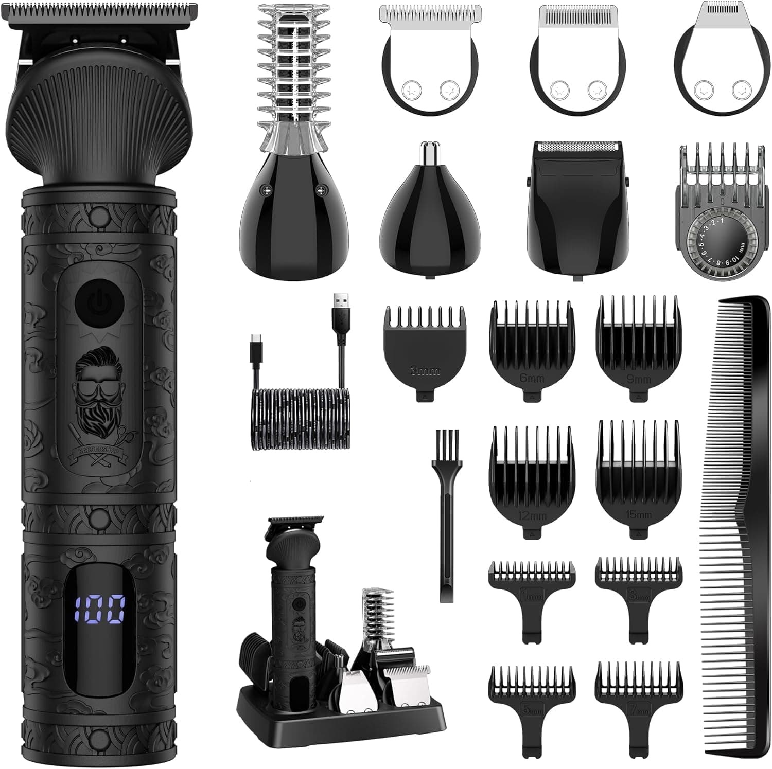 Surker Tondeuse Barbe Homme Tondeuse Cheveux Professionnelle Avec Lame en T de Coupe de Cheveux Chauve 0 mm Rasoir électrique Tondeuse Corps de Précision pour Nez 7 en 1,Noir