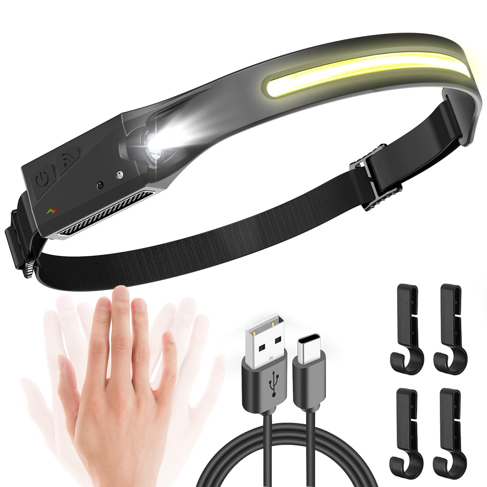 UNBON Lampe Frontale Rechargeable, Lampe Frontale LED Ultra Puissante USB C avec 5 Modes d’Éclairage, Détecteur de Mouvement, Lampe Torche Frontale IPX4 Étanche pour Randonnée Bricolage Camping Pêche