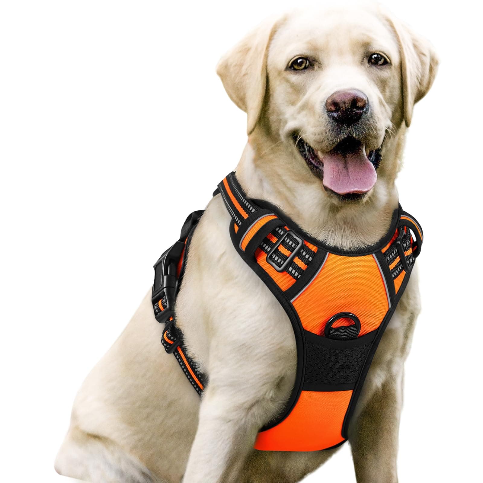rabbitgoo Harnais Chien L Arnet Anti Traction Orange Réfléchissant Gilet Réglable pour Chien Grand Taille, Attache Devant Crochet de Laisse pour Randonné Trajet Voiture, American Staff, Border Collie