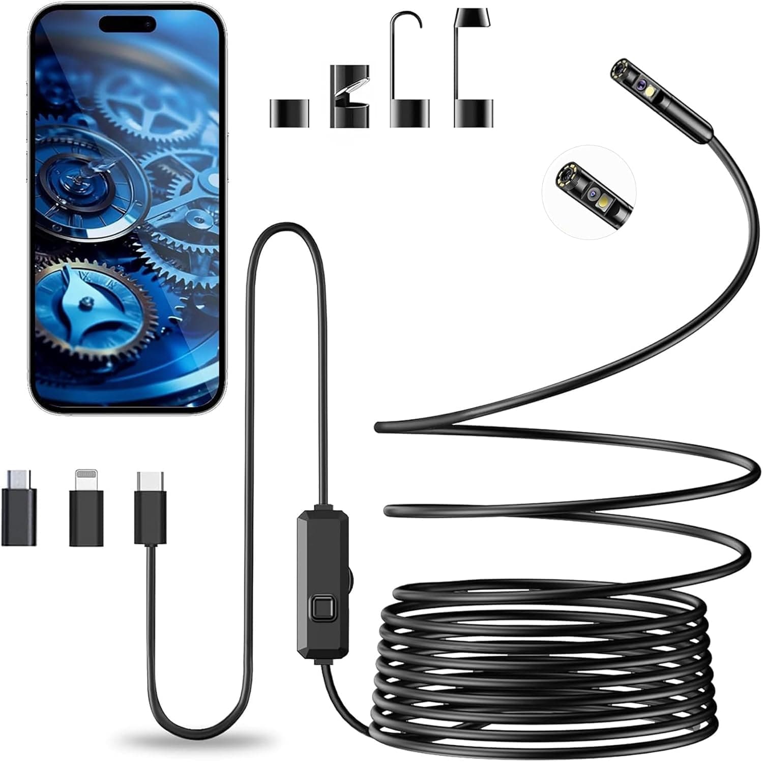 Vexloria Endoscopio per Smartphone, Doppia Lente 1920P HD Telecamera Endoscopica, IP68 Impermeabile Endoscopio con 8 LED Cavo Semirigido, non c'è bisogno di Wi-Fi Compatibile con iOS e Android