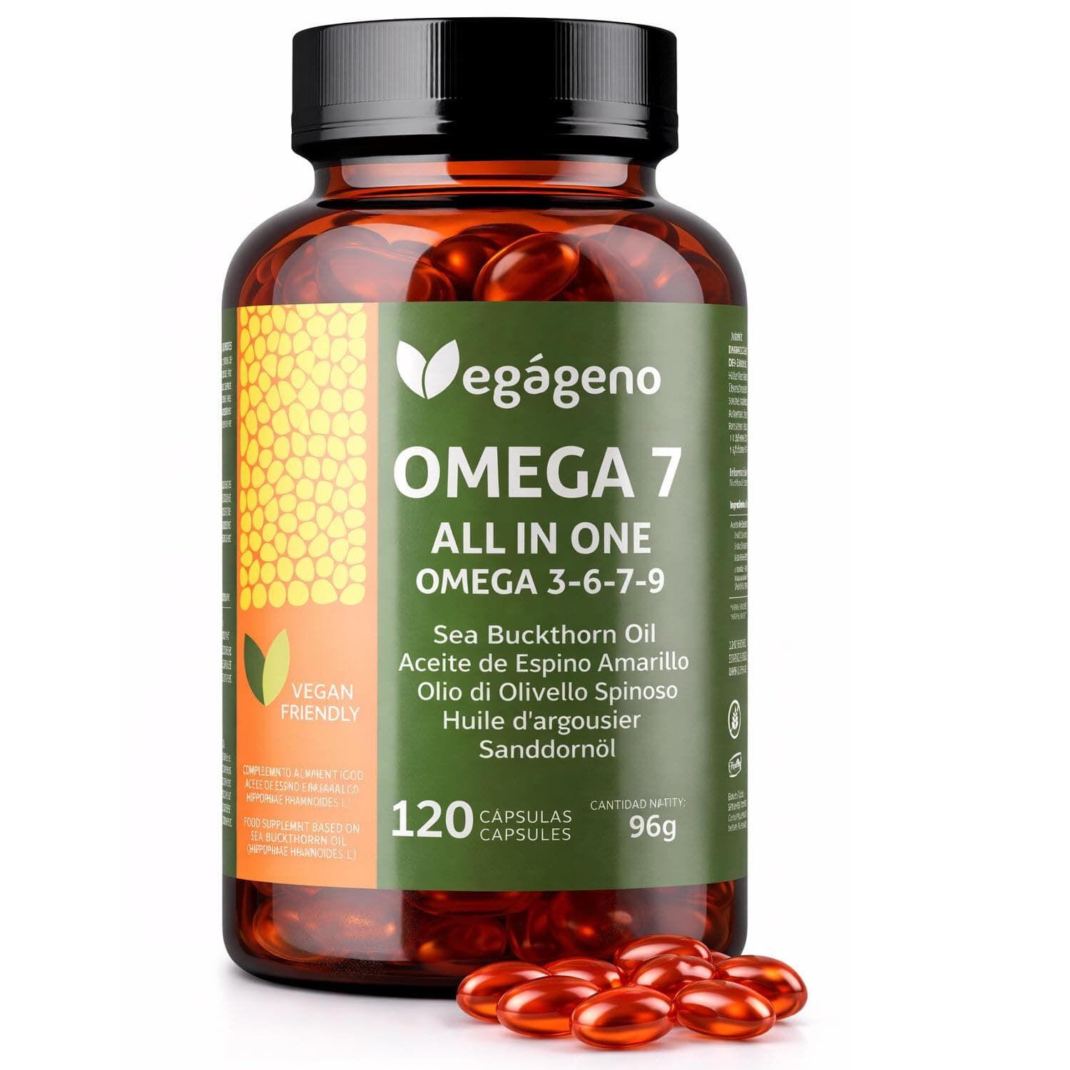 Omega 7 VEGAN – Huile d’argousier VEGAGENO avec Oméga 3 6 7 9, acide palmitoléique, vitamine E naturelle. 120 gélules végétaliennes. Non OGM. Sans gluten. Complément 100% végétal.