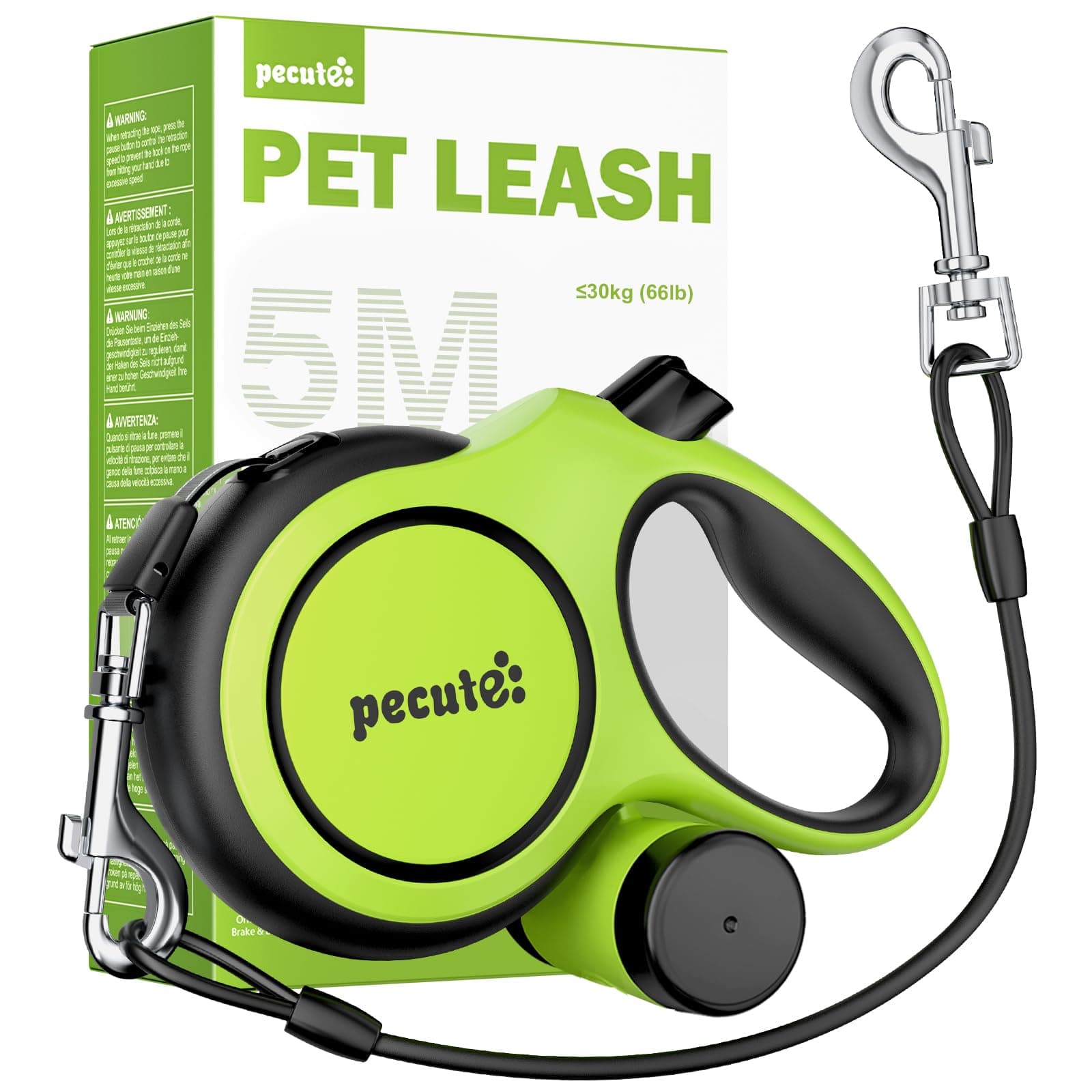 Pecute Correa Perro Extensible 5 Metros, Correa para 15-50 kg, con Cuerda Antimordida de 46cm, Bolsas Higiénicas y Portabolsa| 360° Antienredos| Paseo de Perros, Entrenamiento, días de Iluvia, Verde