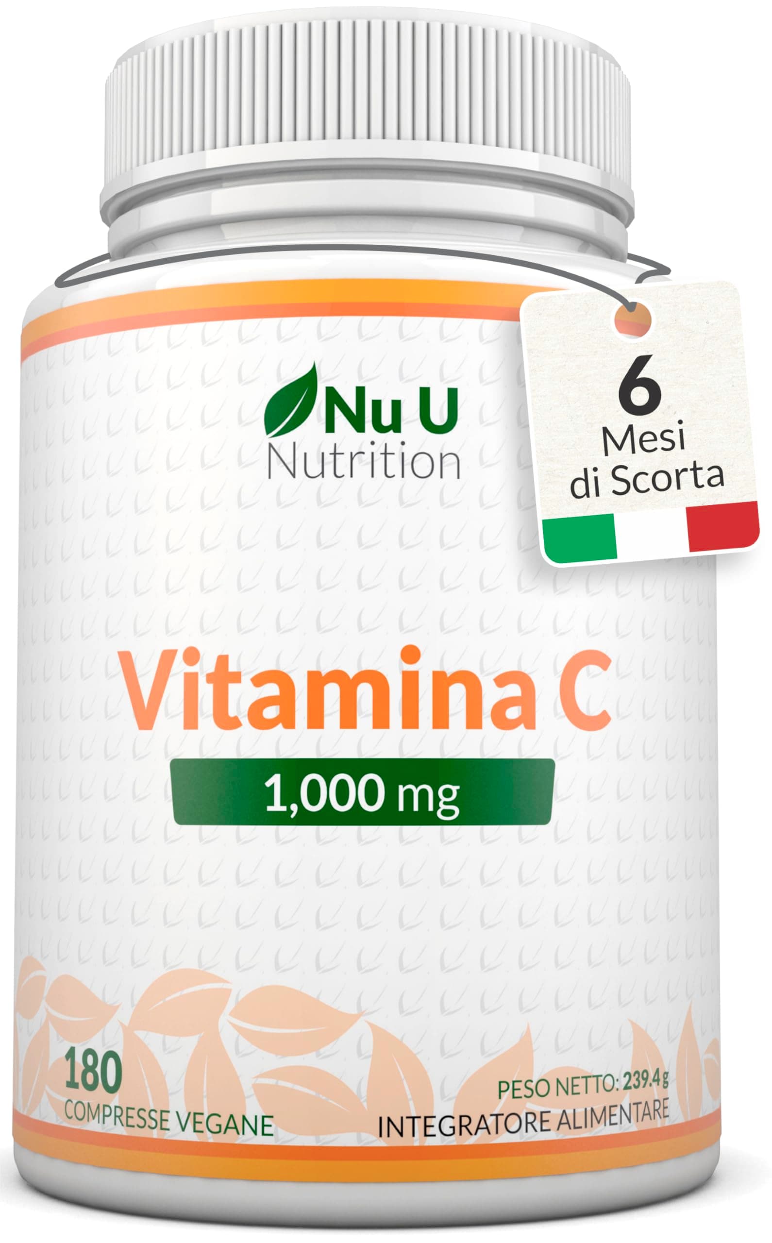 Vitamina C 1000mg Pura Alto Dosaggio - 180 Compresse Vegane - 6 Mesi di Fornitura - Acido Ascorbico - Prodotto in Europa - Nu U Nutrition