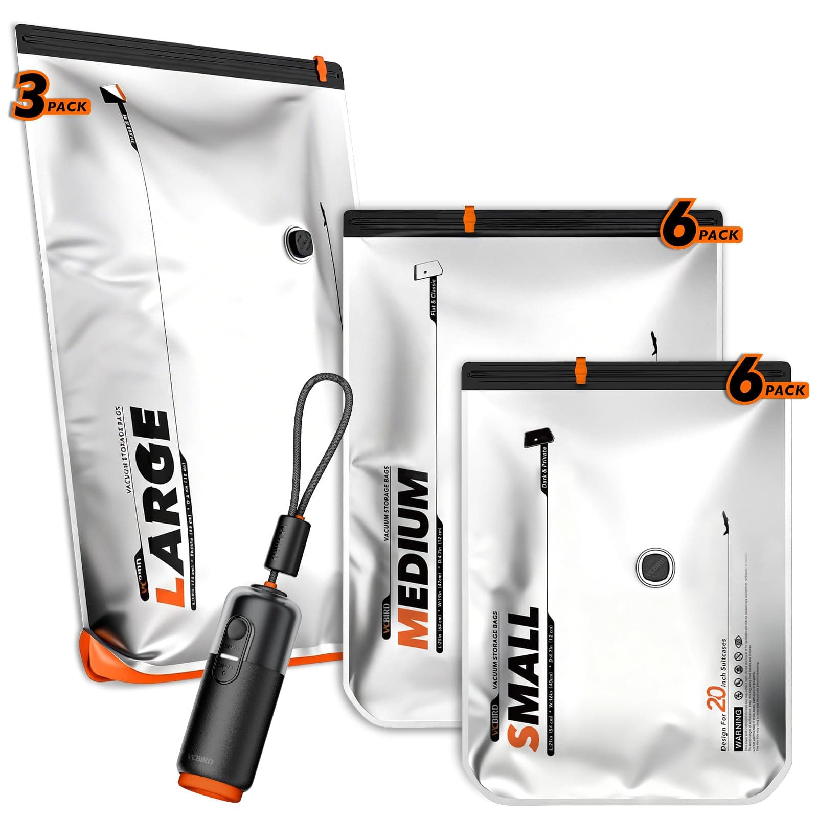 Vacbird 15 Sacchetti Sottovuoto Vestiti Con Pompa a Vuoto Ricaricabile con USB, 6 x 40x54cm, 6 x 47x64cm, 3 x 54x74x12cm, Buste Sottovuoto Vestiti Salvaspazio, Ideali per Viaggi e Organizzare Bagagli