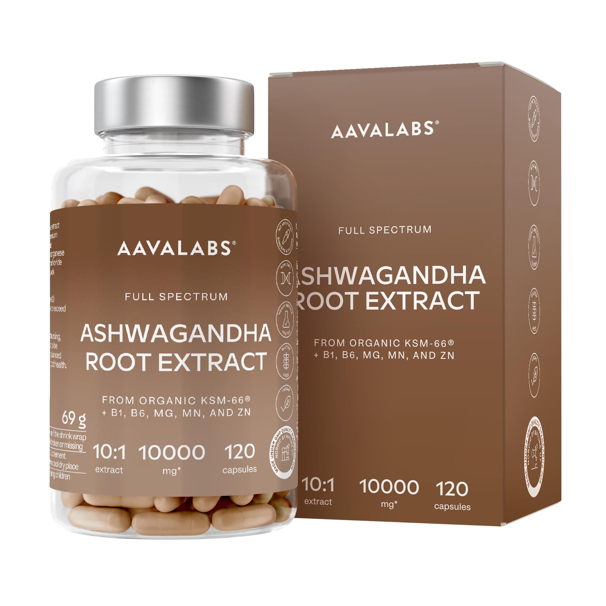 Ashwagandha KSM-66 1000mg (Proporción de Extracto 10:1 Equivalente a 10,000mg por Porción) - 5% de Withanólidos - Ashwagandha Organica con Magnesio, Manganeso, Zinc y Vitamina B6, B1-120 Capsulas