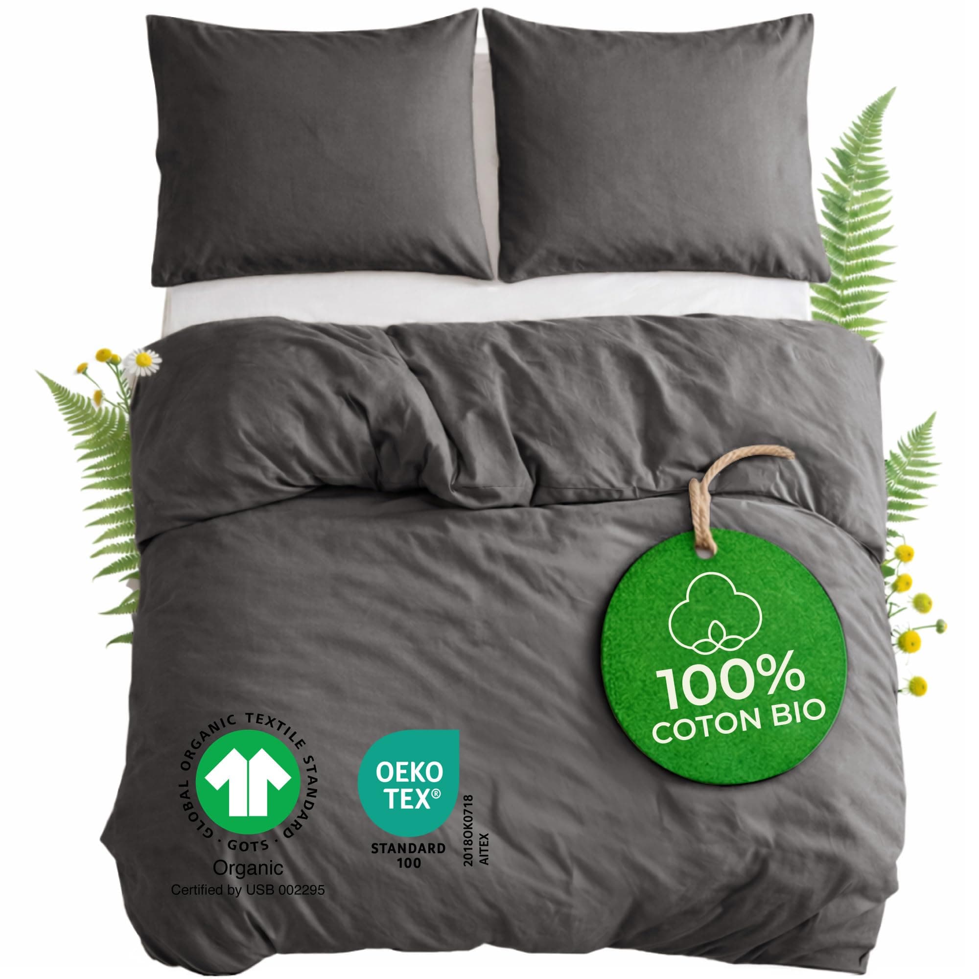 Dreamzie - Housse de Couette 220x240 cm et 2 Taies 65x65 cm Coton Bio - Percale 180 TC - Parure de lit 220x240 Adulte Anthracite - Respirante et Douce - Oeko-Tex & GOTS