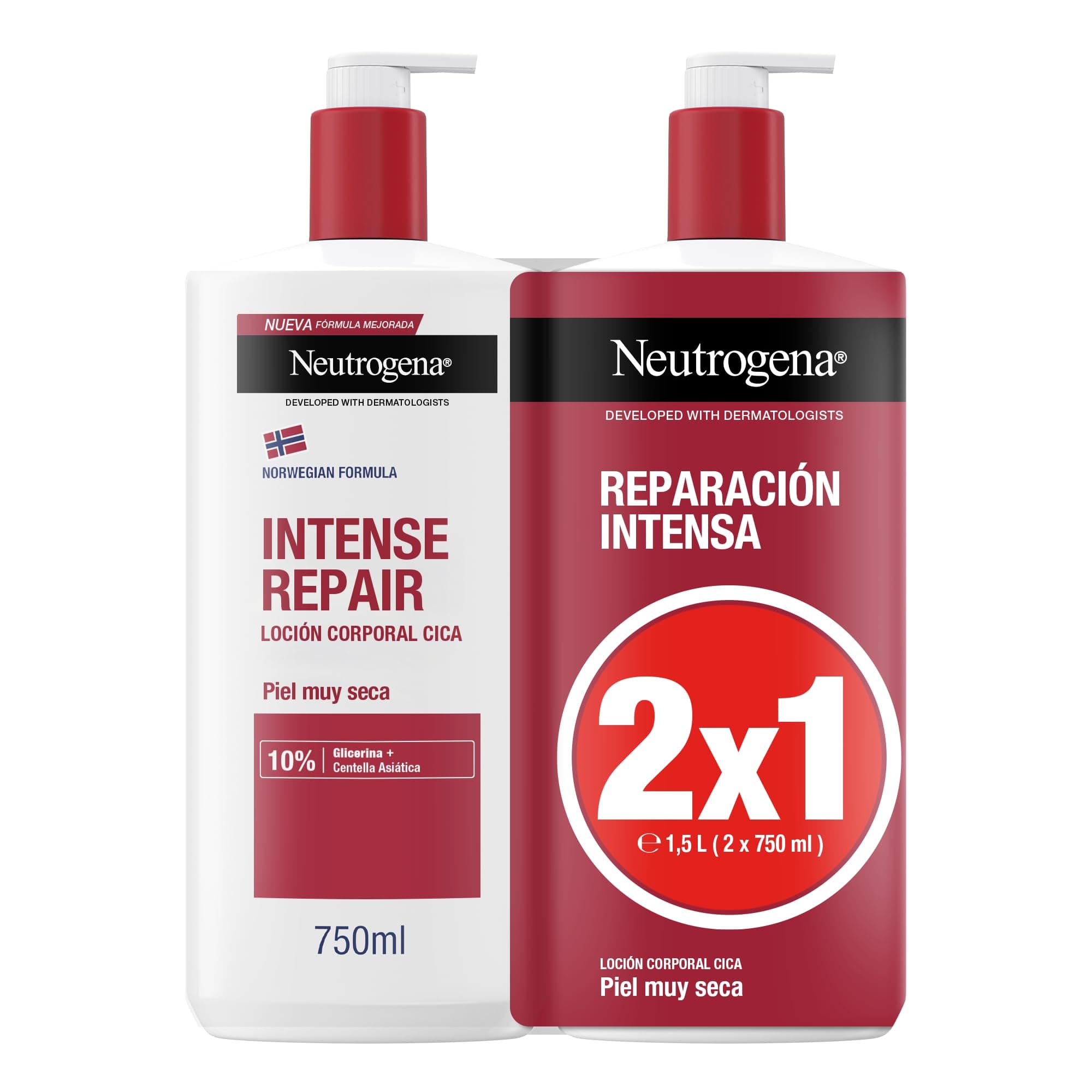 Neutrogena Fórmula Noruega Crema Corporal CICA, 750 ml, 2 uds | Reparación Intensa, Con Centella Asiática y Glicerina, 72 h de Hidratación, Textura no Grasa, Para Piel Muy Seca