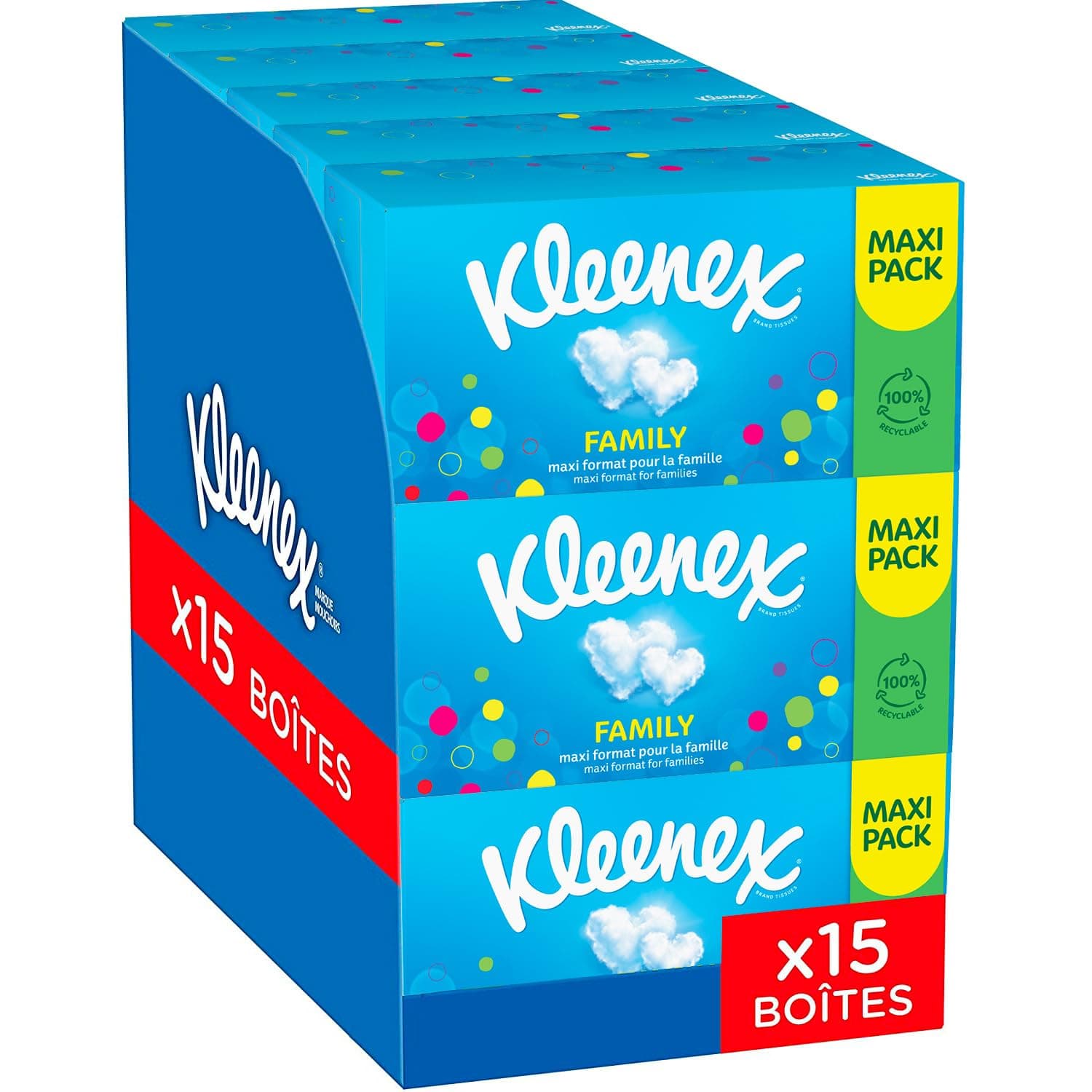 KLEENEX - Mouchoirs boîte maxi-pack Family (15 boites de 128 mouchoirs) - format idéal pour toute la famille - Fabriqué en France