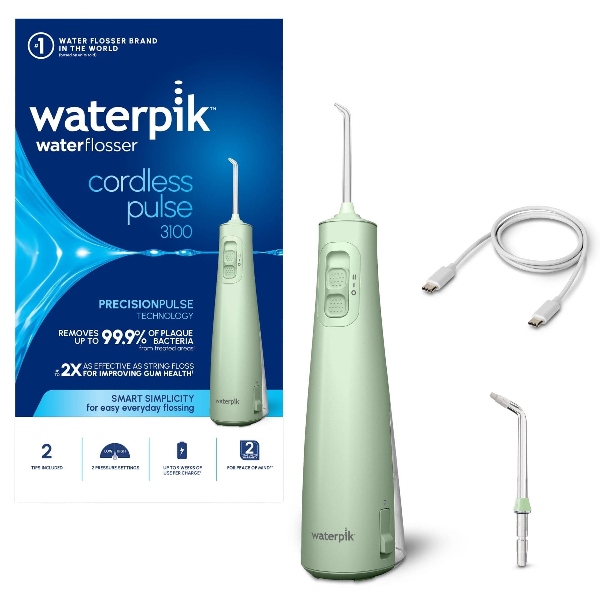 Waterpik Cordless Pulse, Idropulsore Dentale Portatile, Verde Menta | 2 impostazioni di pressione, 45 secondi di pulizia interdentale, Utilizzabile in viaggio o in bagni piccoli, Ricaricabile