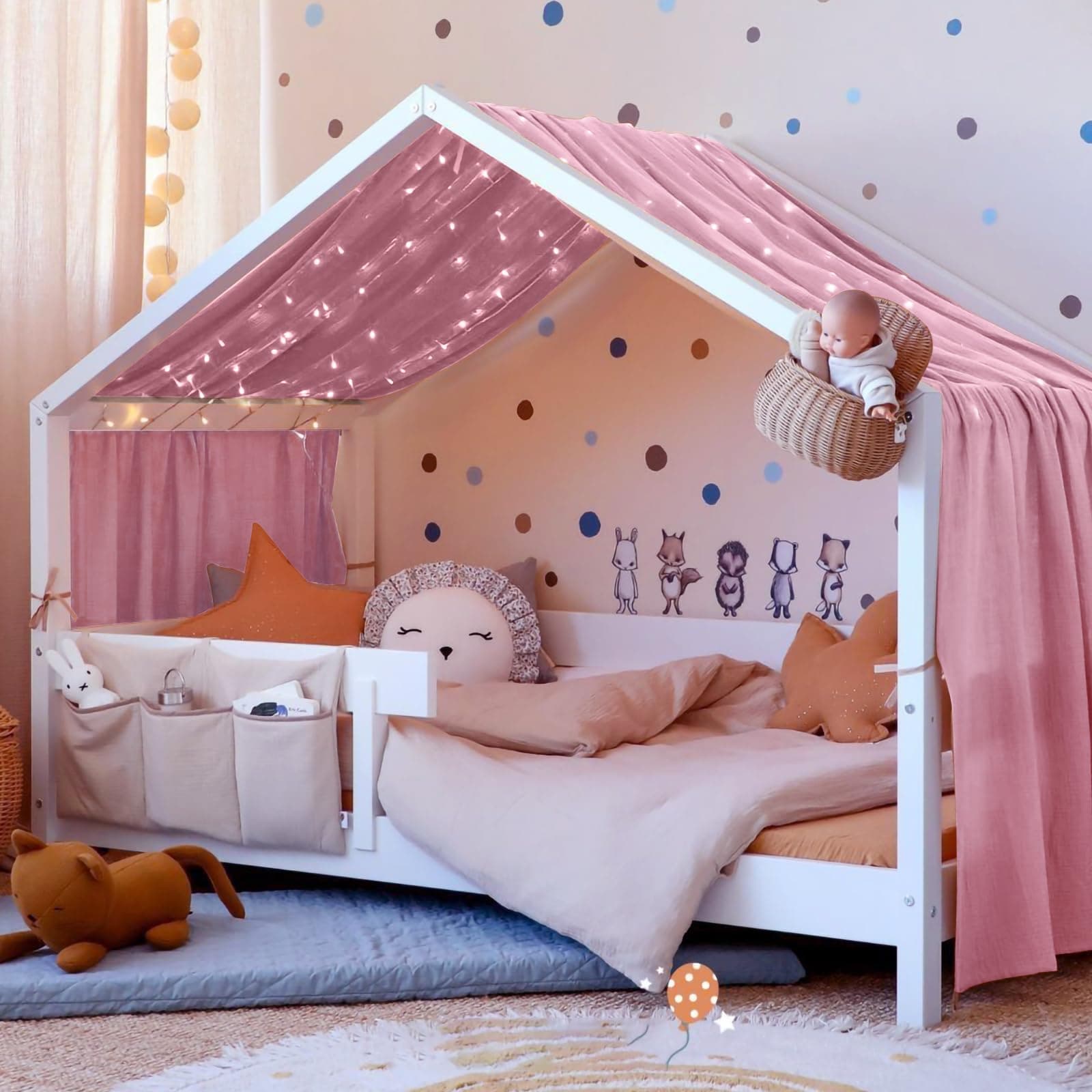 Vicloon Ciel de Lit pour Maison, Décoration Ciel de Lit pour Chambre d'enfant, 100% Coton Muslin Biologique 135 x 360 cm, Ciel de Lit pour Montessori Lit d'enfant, Rose Foncé