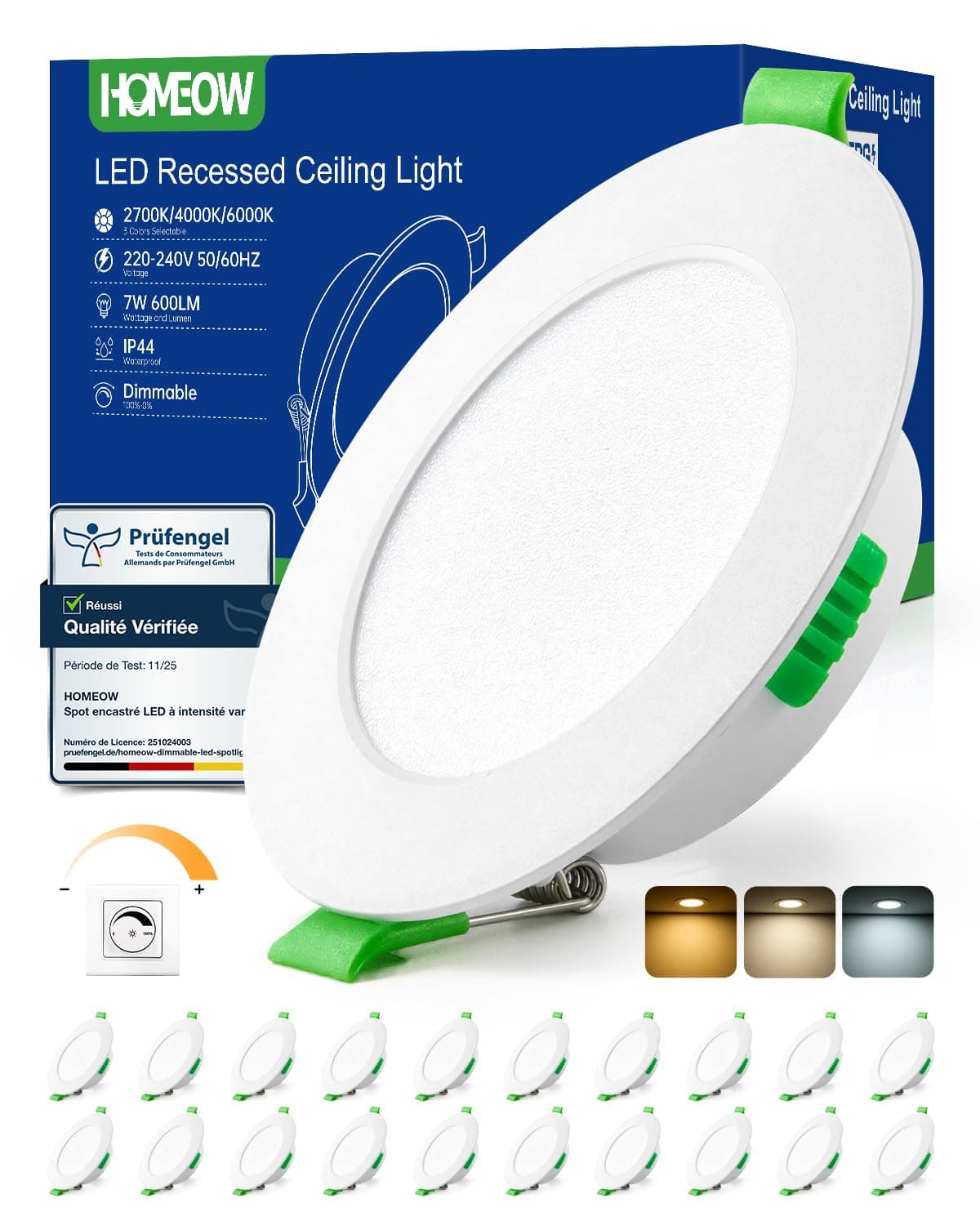 HOMEOW Lot de 20 Spot LED Encastrable Dimmable 7W, 220V Spots de Plafond Extra Plat, Spot Salle de Bain IP44, Reglable Blanc Chaud 2700K Blanc Neutre 4000K Blanc Froid 6000K, Trou Φ 75mm - 90mm