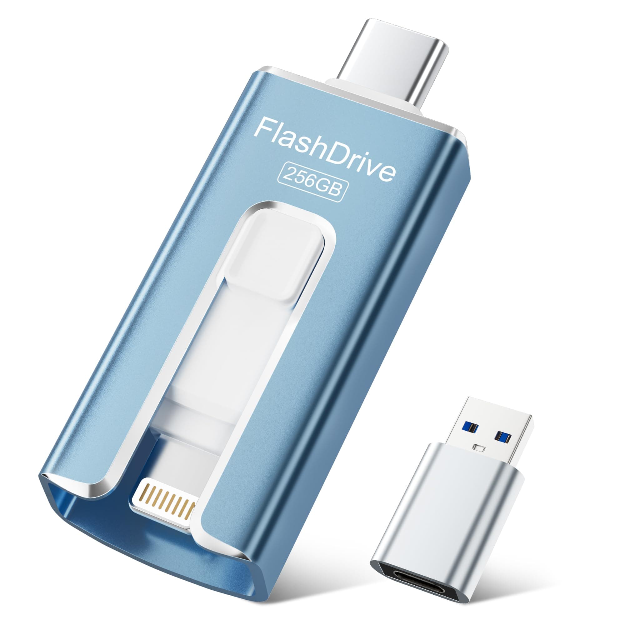 Memoria USB 256GB para iPhone, Memoria Externa iPhone con Certificación MFi, Pendrive lPhone USB-C & Lightning 3-en-1 para lPhone/iPad/Android/PC, Memoria USB 3.0 para Fotos y Vídeos, Azul
