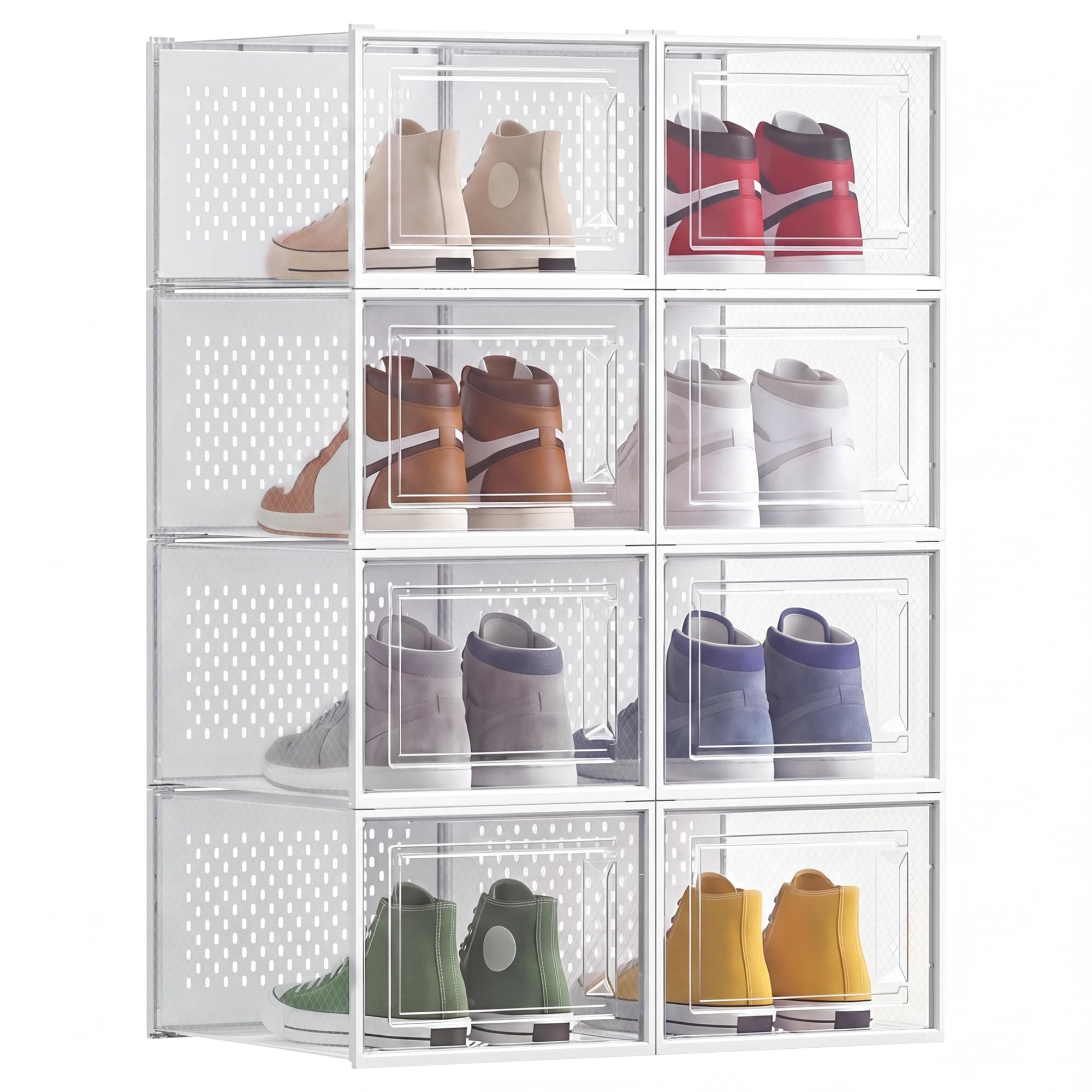 SONGMICS Cajas de Zapatos Plástico, Juego de 8, Plegable y Apilable | Organizadores de Almacenamiento para Zapatillas Hasta Talla 46, Transparente y nube blanca, Colección DENNYS LSP08MWT