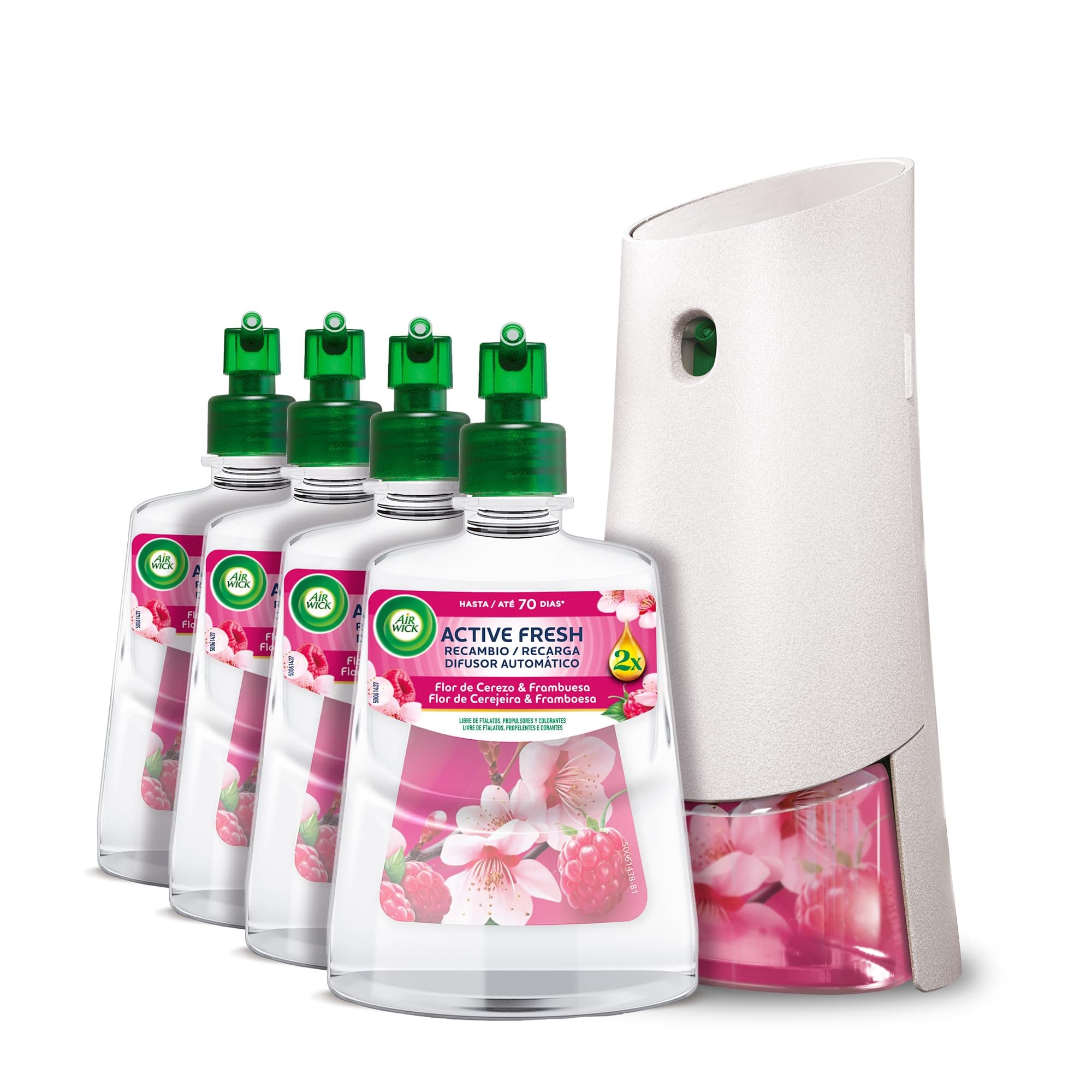 Air Wick Active Fresh ambientador automático flor de cerezo y frambuesa, kit difusor + 4 recambios, 280 días