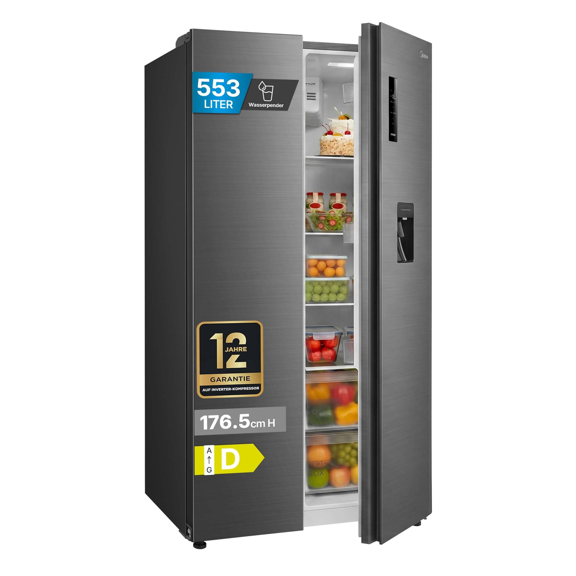 Midea Side-by-Side KĂĽhlschrank Freistehend (553L, No Frost) - KĂĽhl-Gefrierkombination mit Wasserspender (ohne Festwasseranschluss), Sehr Leise (37 dB), Inverter Motor, Steel Gray MDRS710FGD46W