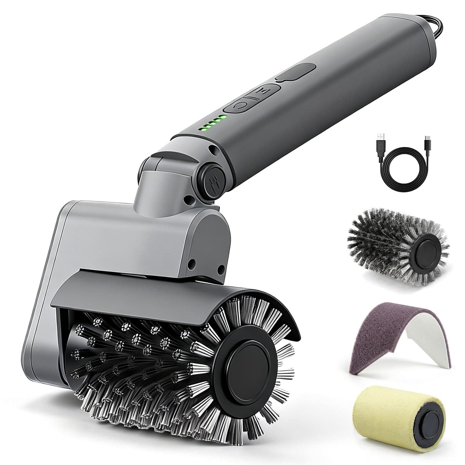 Kit Brosse Barbecue Électrique 3-en-1 – Nettoyeur sans Fil 450 TR/Min avec Têtes en Acier Renforcées – Autonomie 120 Min, Étanche IPX7 & Brosses Amovibles Lavables au Lave-Vaisselle (Gris Clair)