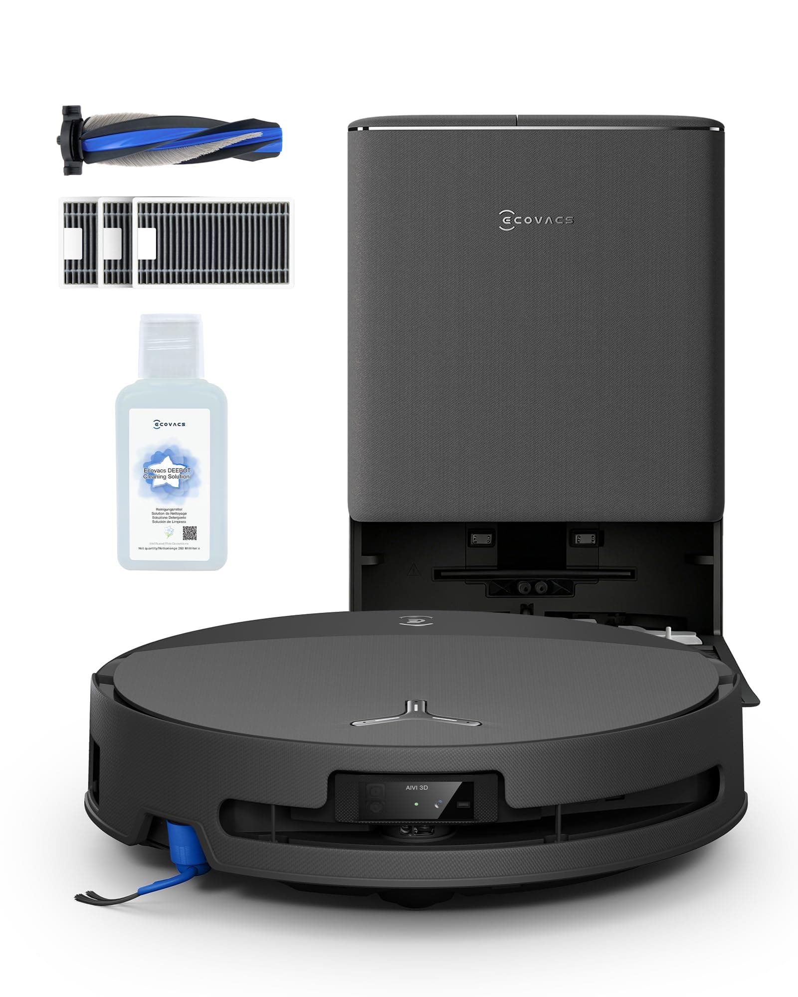 ECOVACS DEEBOT T90 Pro Omni Care Kit Robot Aspirateur Laveur, 30 000 Pa, Charge PowerBoost, OZMO Roller 3.0, Comprend Une Brosse supplémentaire, filtres et Solution de Nettoyage, Noir