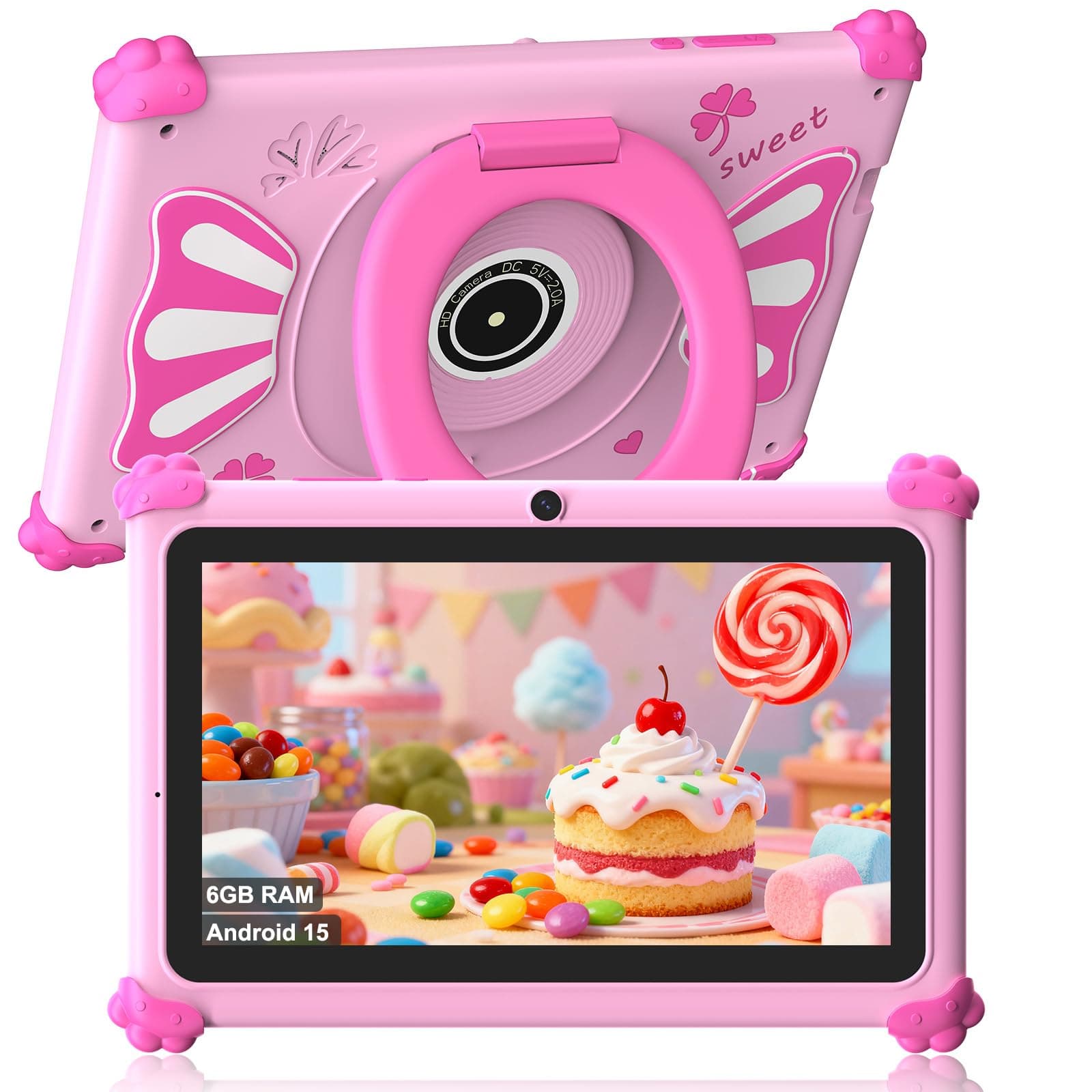 ascrecem Tablette Enfants 7 Pouces Android 15 Tablette pour Enfant avec 2.4G+5G WiFi6 Penta Core 6Go RAM 32Go ROM Double Caméra 128Go Extension Tablet Tactile Éducative Contrôle Parental (Rose)