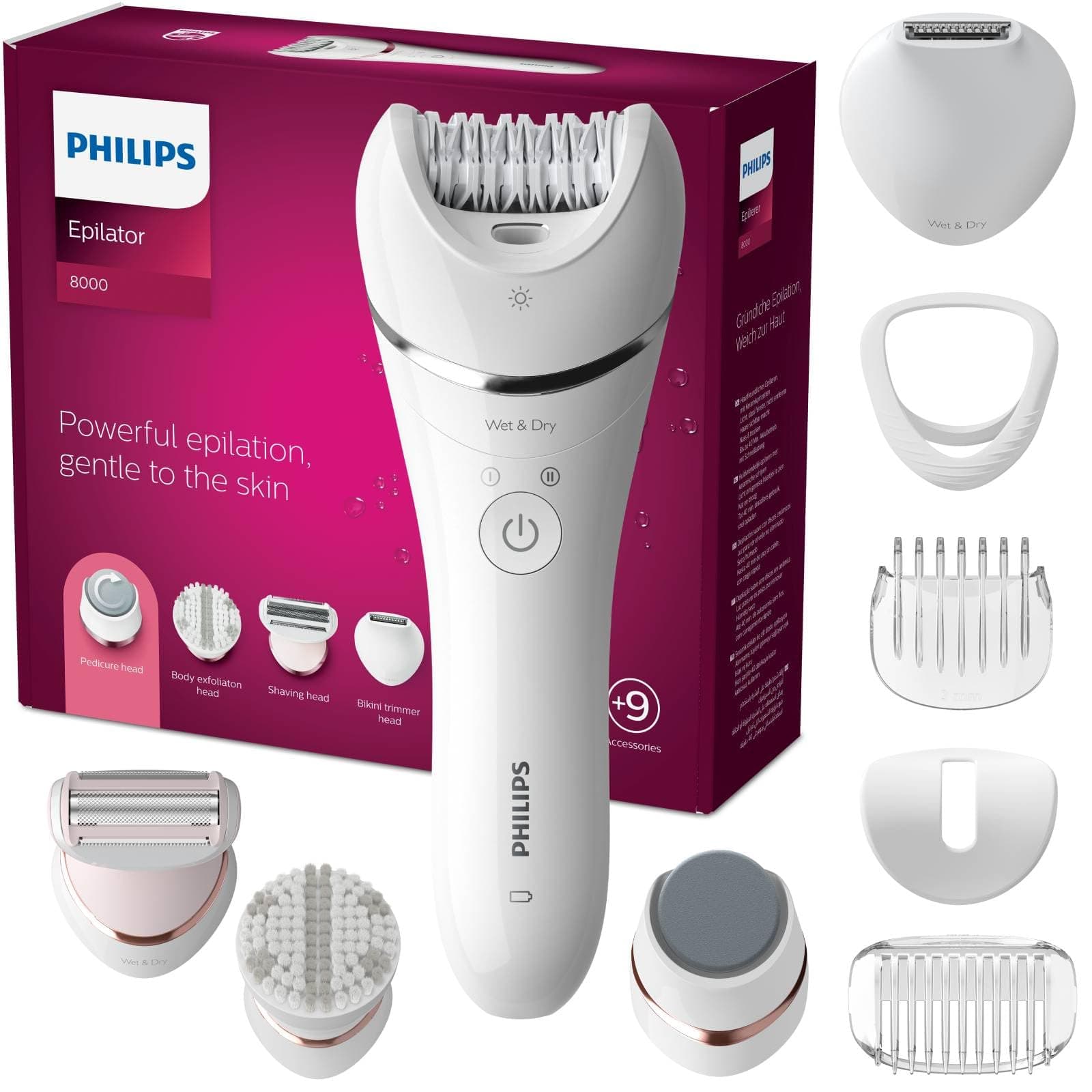 Philips Series 8000 - Epilateur Wet & Dry sans fil pour les jambes et le corps, avec 9 accessoires, rasoir, tondeuse, embout pédicure et embout exfoliant pour le corps, (modèle BRE740/10)