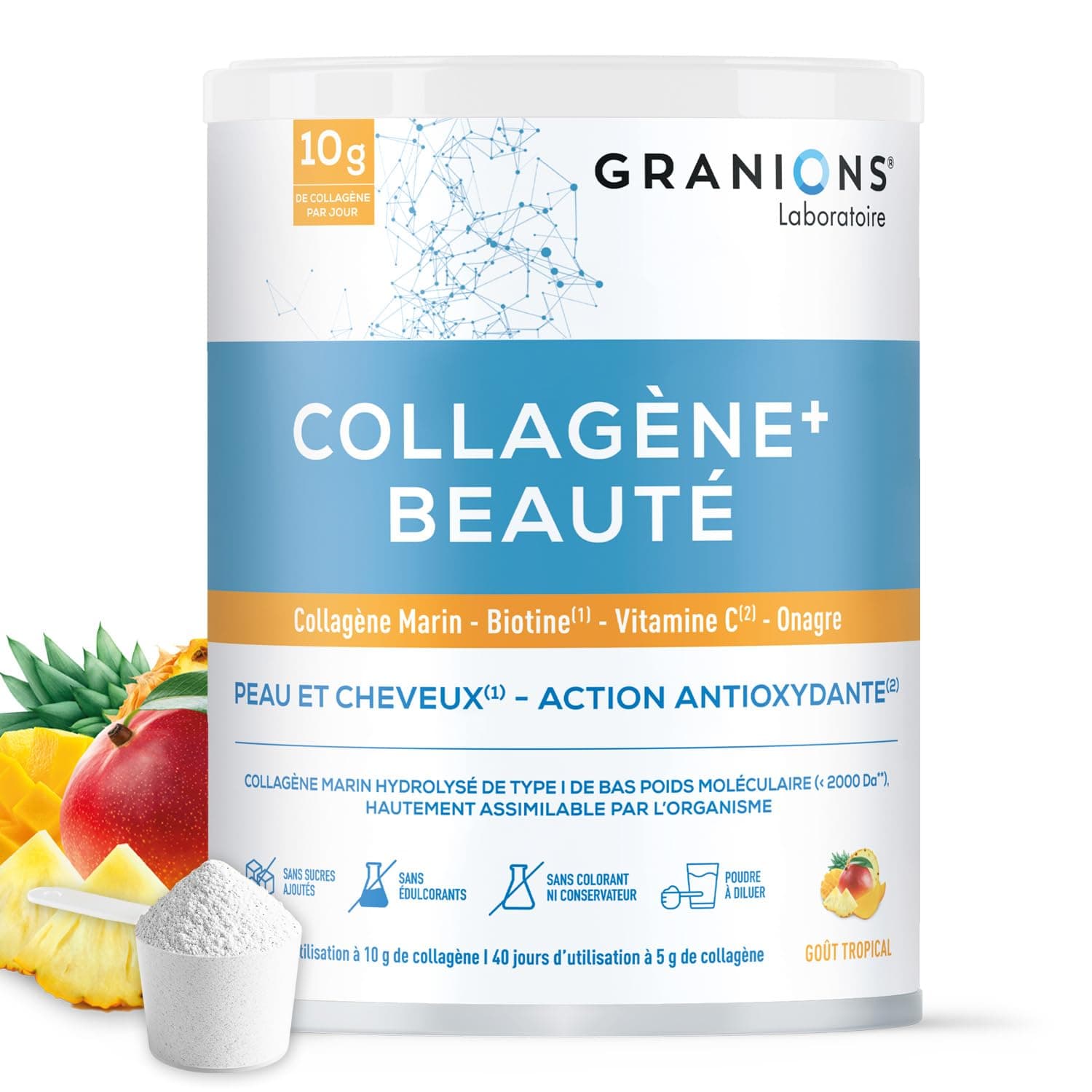 GRANIONS COLLAGENE +BEAUTE - Collagene Marin - Acide Hyaluronique - Biotine Cheveux - Pousse Cheveux - Collagène - Collagene Poudre - Goût Tropical 216g