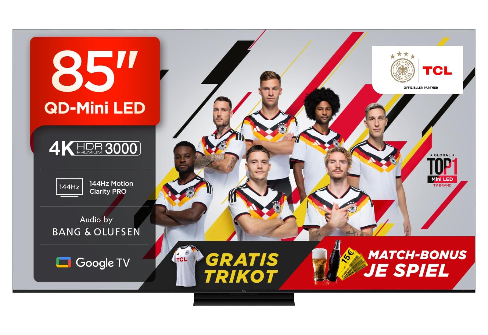 TCL 85Q7C 85 Zoll QD-Mini LED Fernseher, 4K HDR Premium 3000, Smart TV unterstützt durch Google TV (Dolby Vision IQ & Atmos, CrystGlow HVA Panel, Audio von Bang & Olufsen, 144Hz Motion Clarity Pro)