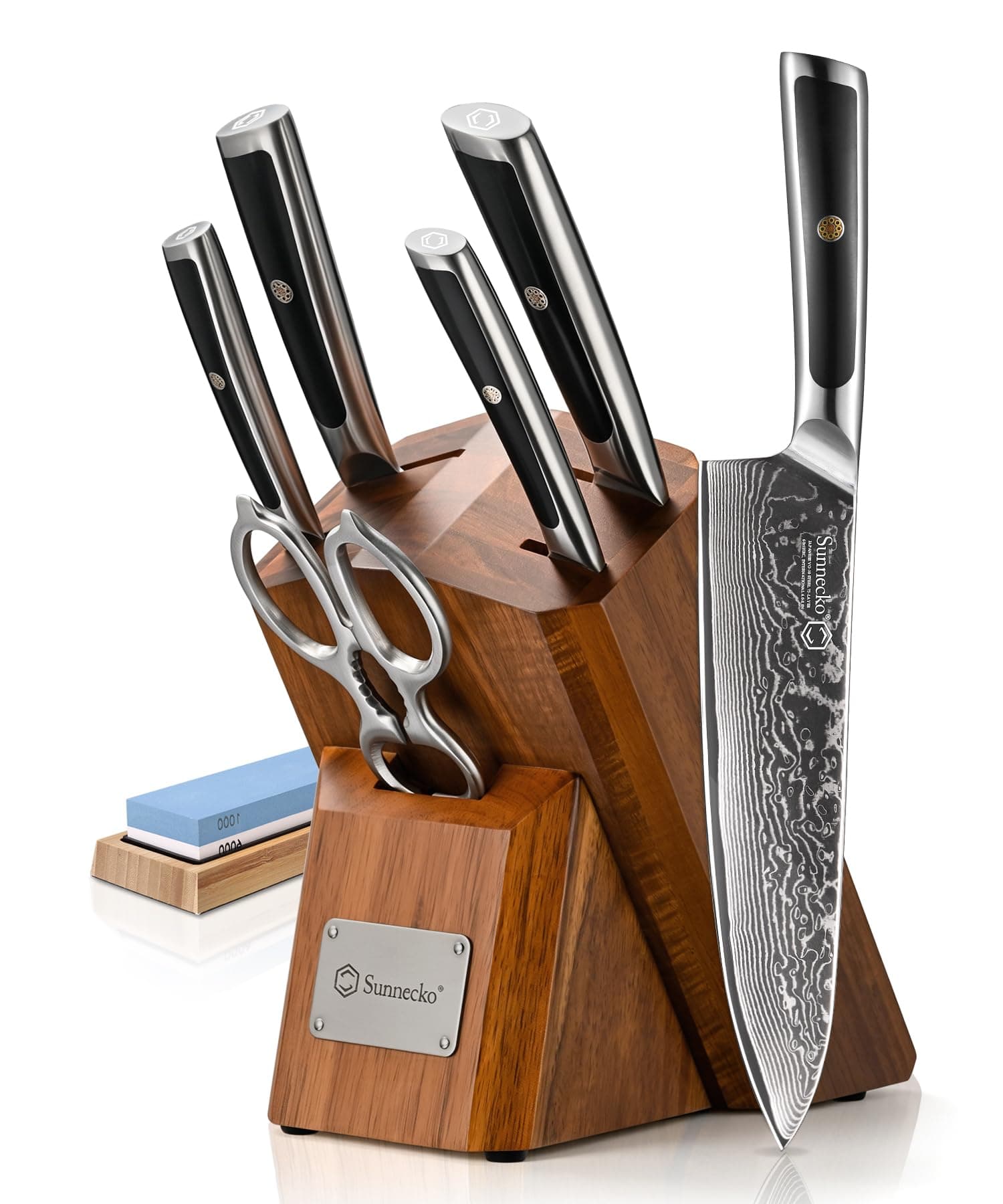 Sunnecko Set Couteau Cuisine en Damas 67 Couches, Bloc en Bois Marron et Couteaux de Cuisine 4 Pièces, avec Ciseaux Cuisine et Pierre à Aiguiser