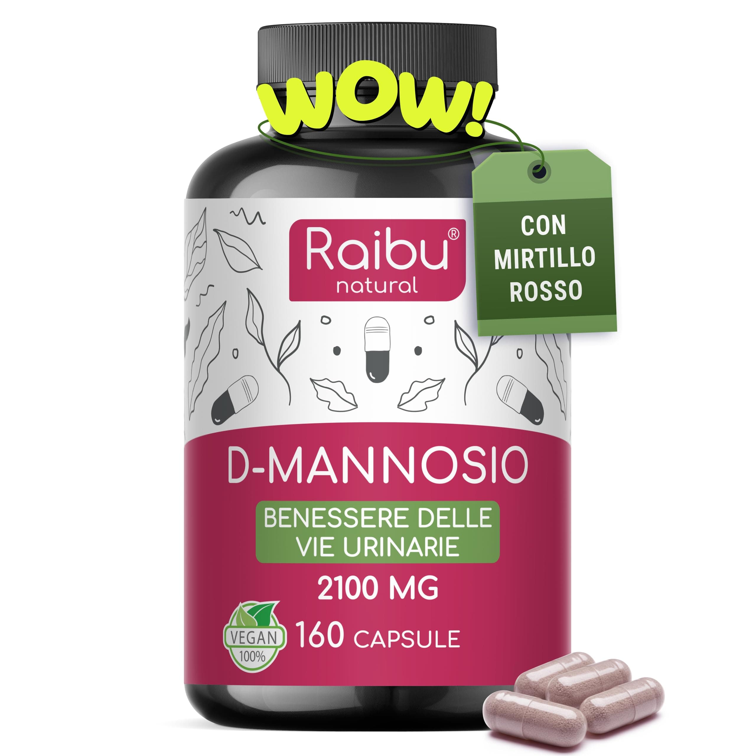 D-Mannosio PURO 2100mg, con Mirtillo Rosso I D Mannosio per Cistite I 160 Capsule I Vegan e Senza Additivi, Testato in laboratori I Integratore per Benessere e Supporto Vie Urinarie I Raibu
