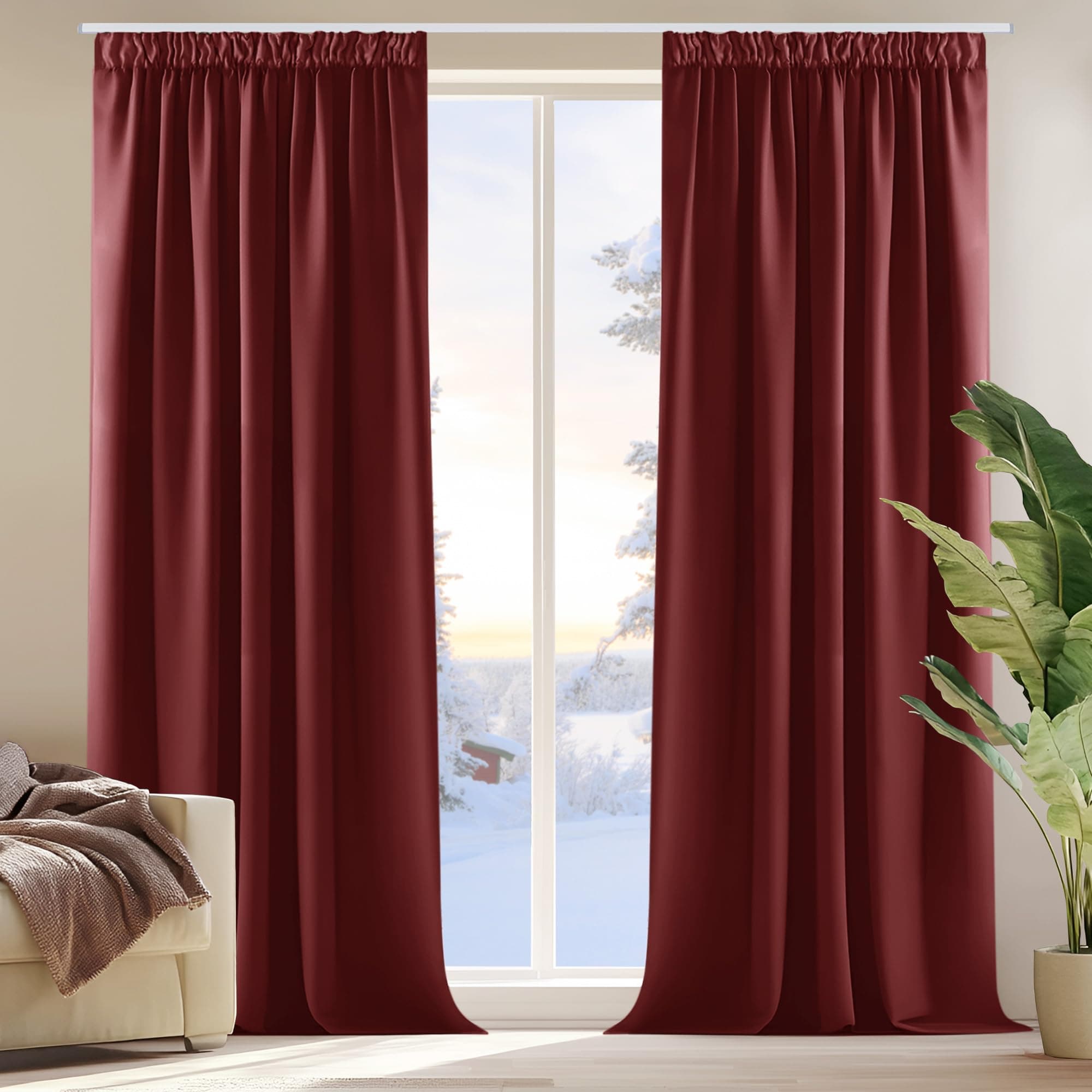Deconovo Lot de 2 Rideaux Occultants avec Galon Fronceur Rideau Thermique Isolant Anti Froid Rideaux Chambre Adulte 140x200cm Noël Rouge