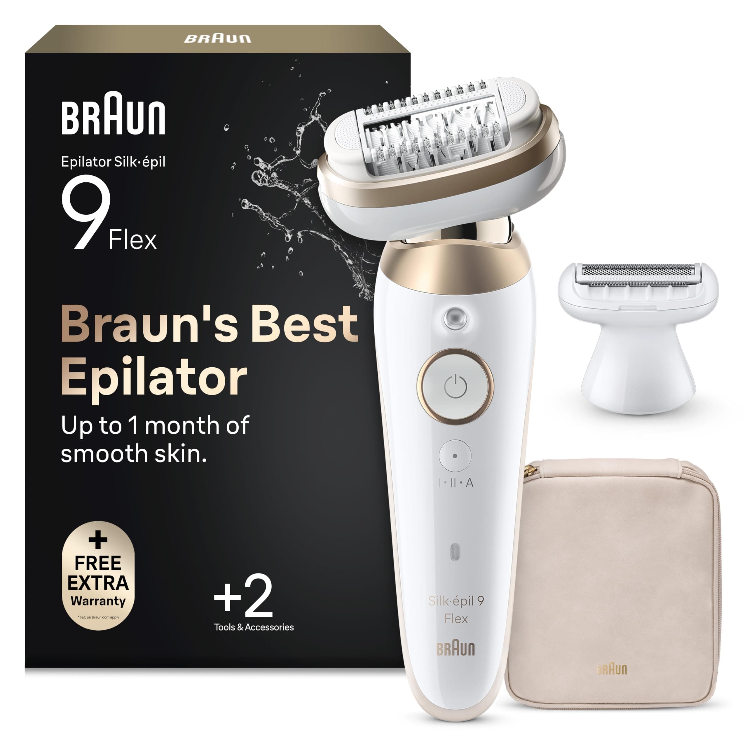 Braun Silk·épil 9 Flex Depiladora Eléctrica Mujer, 9-041 3D, Oro | Depiladora Corporal Resistente al Agua con Cabezal Flexible, Depila, Rasura y Recorta, 2 Cabezales Y Funda, Depilación Suave