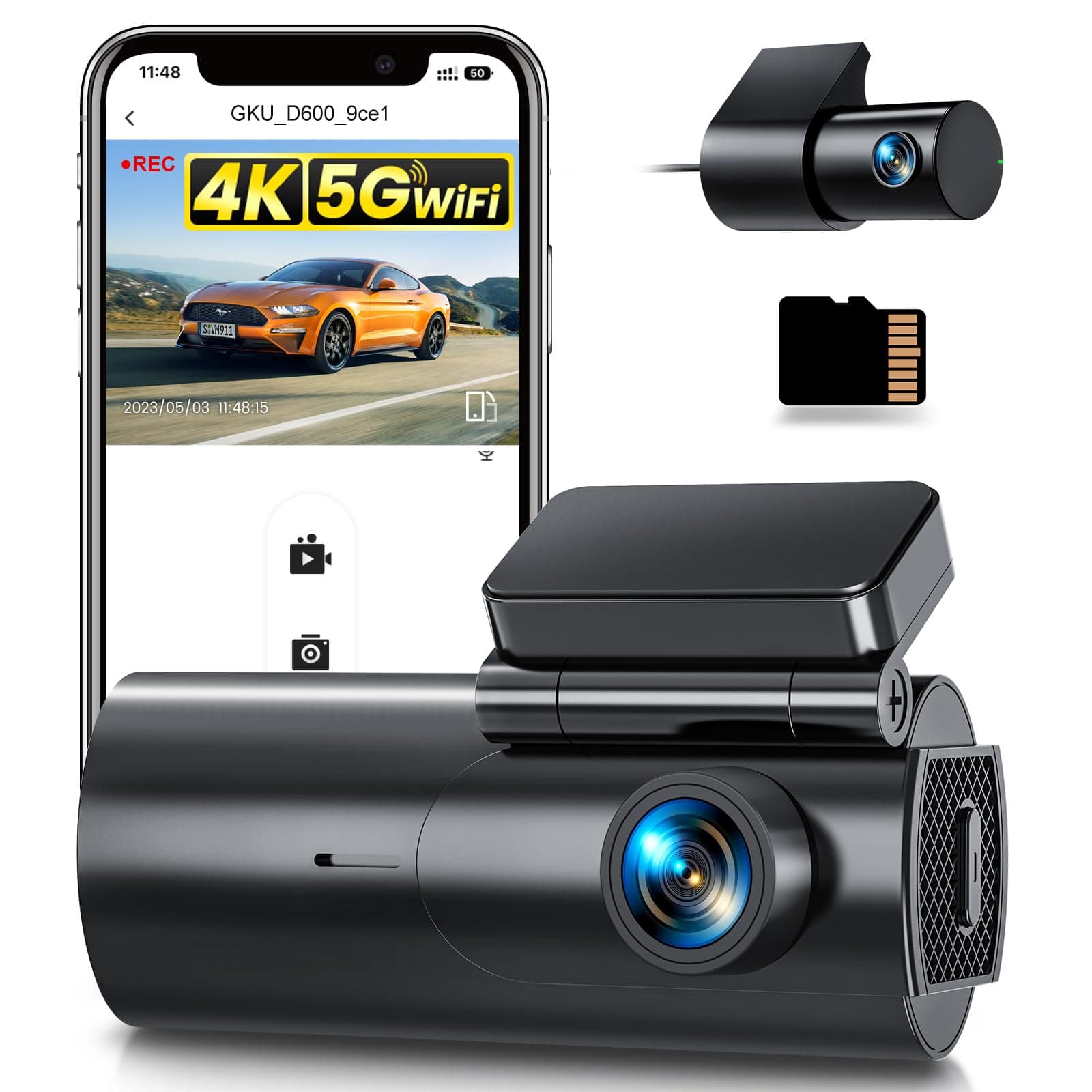 GKU 4K Dashcam Voiture Avant Arrière, 5GHz WiFi Caméra Embarquée Voiture, Carte 64Go Incluse, Camera Voiture Grand Angle 170°, Vision Nocturne, WDR,G-Capteur,Stationnement 24H,Enregistrement en Boucle