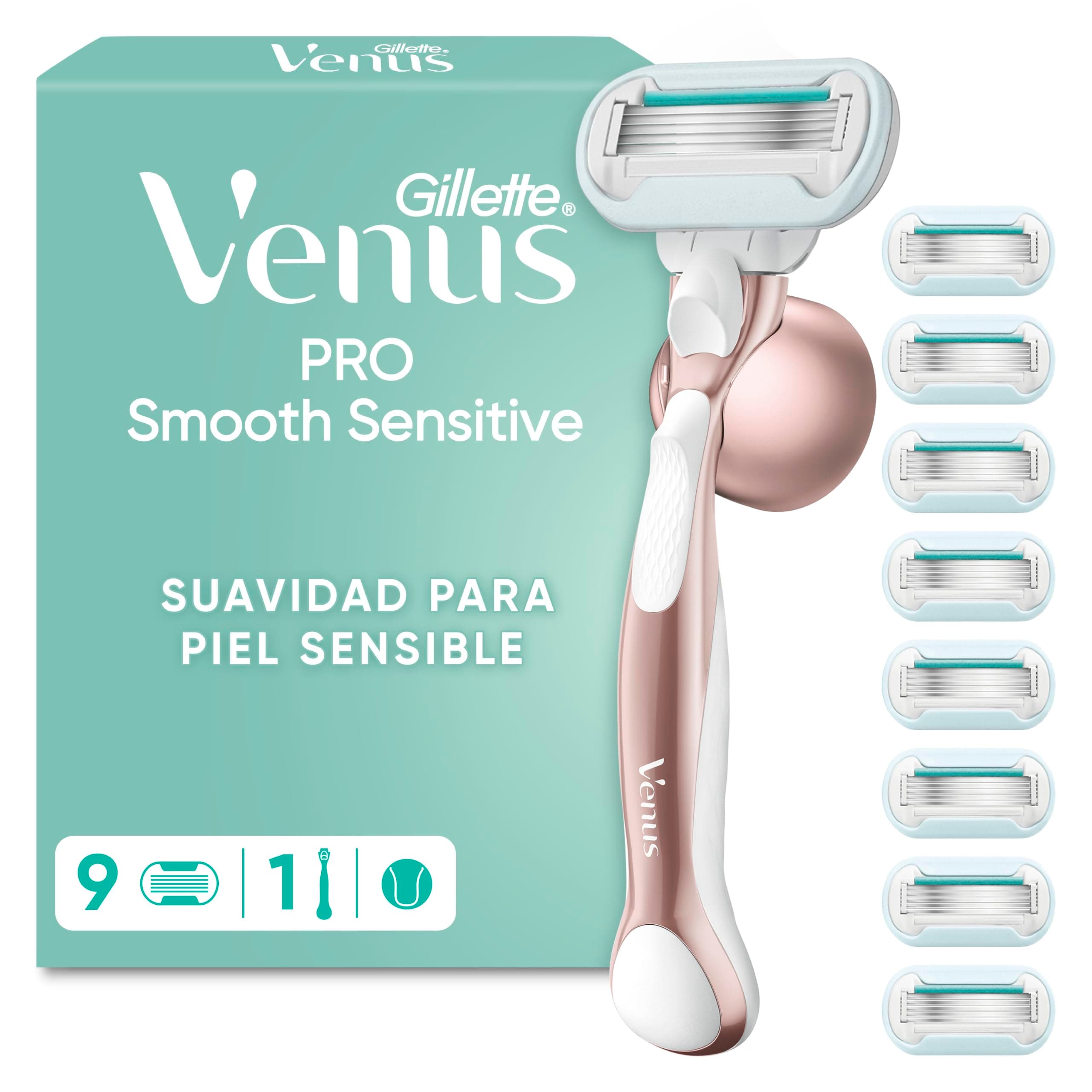 Gillette Venus Pro Smooth Sensitive Maquinilla de Afeitar, 9 Cuchillas | Maquinilla de Depilación Mujer para Pieles Sensibles, 1 Mango de Metal, 9 Recambios Y Soporte para La Ducha, Oro Rosa