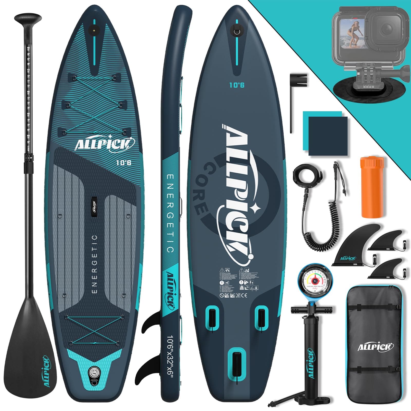 ALLPICK Tabla Paddle Surf Hinchable, Stand Up Paddle Board Sup, Tabla Padel Surf 320 cm, Soporte Universal para Cámara, Paleta Ajustable, Principiantes y Avanzados, 200 kg