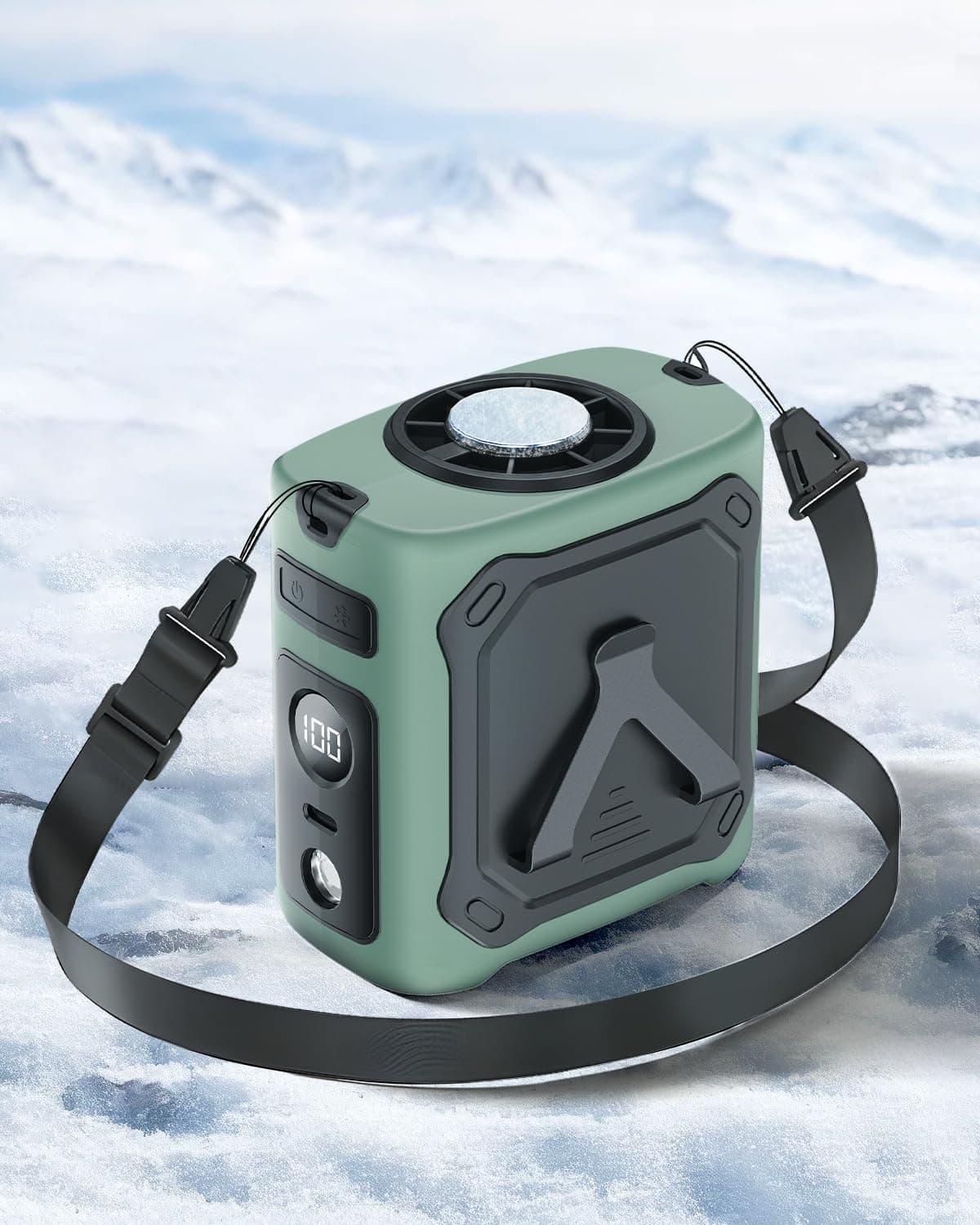 2026 Ventilateur de taille portable rafraîchissant,29H batterie rechargeable 8000mAh USB-C,5 vitesses 13000 tr/min,avec éclairage LED et SOS pour chantier,camping,randonnée,travail,vert militaire
