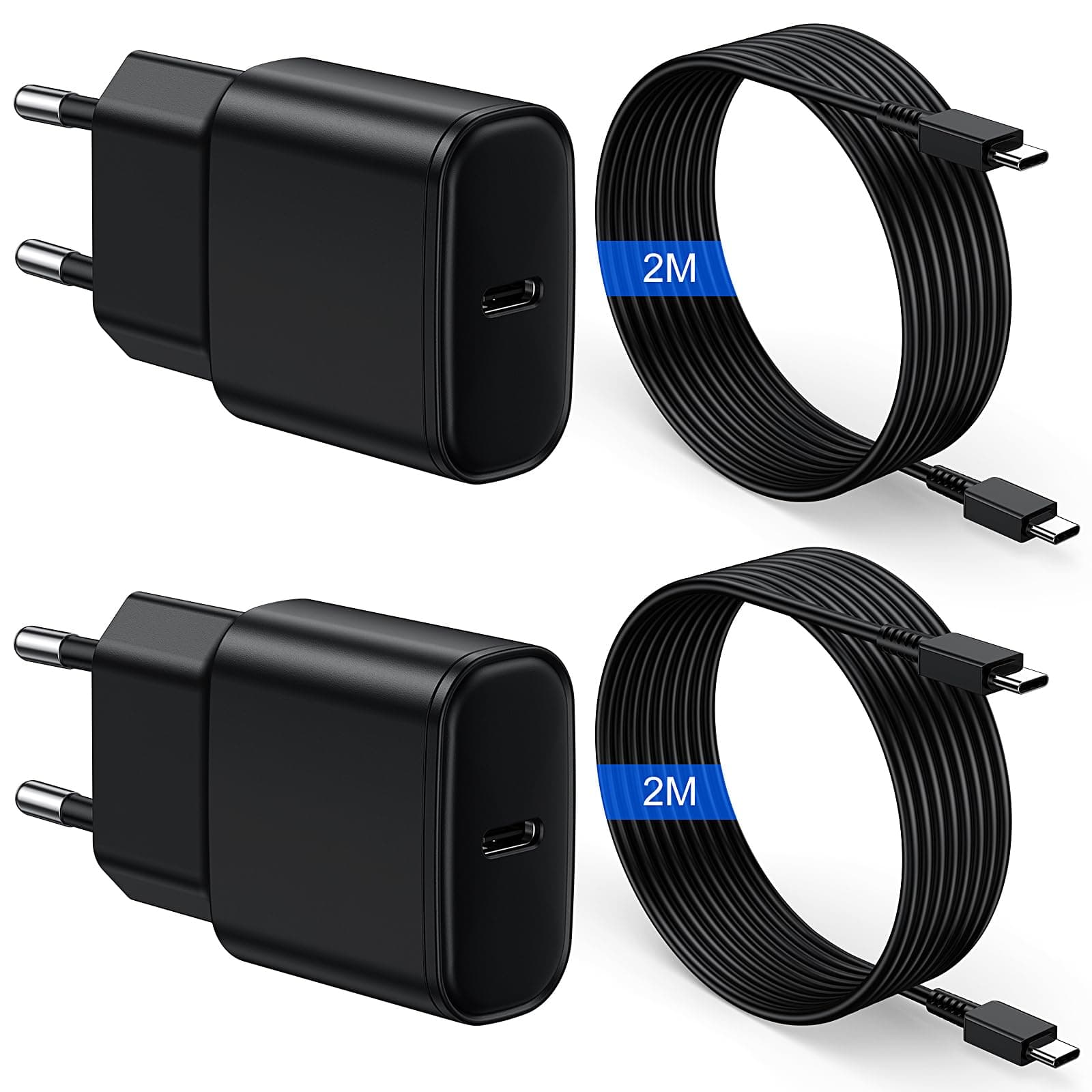 Chargeur USB C Charge Rapide Lot de 2 USBC Secteur 25W et Câble 2M pour Samsung Galaxy S26/S25/S24/S23/S22/S21 Ultra/Note 20/10/9/8/A73/A53/A52/S10 Adaptateur Type C Mural Alimentation Prise Noir
