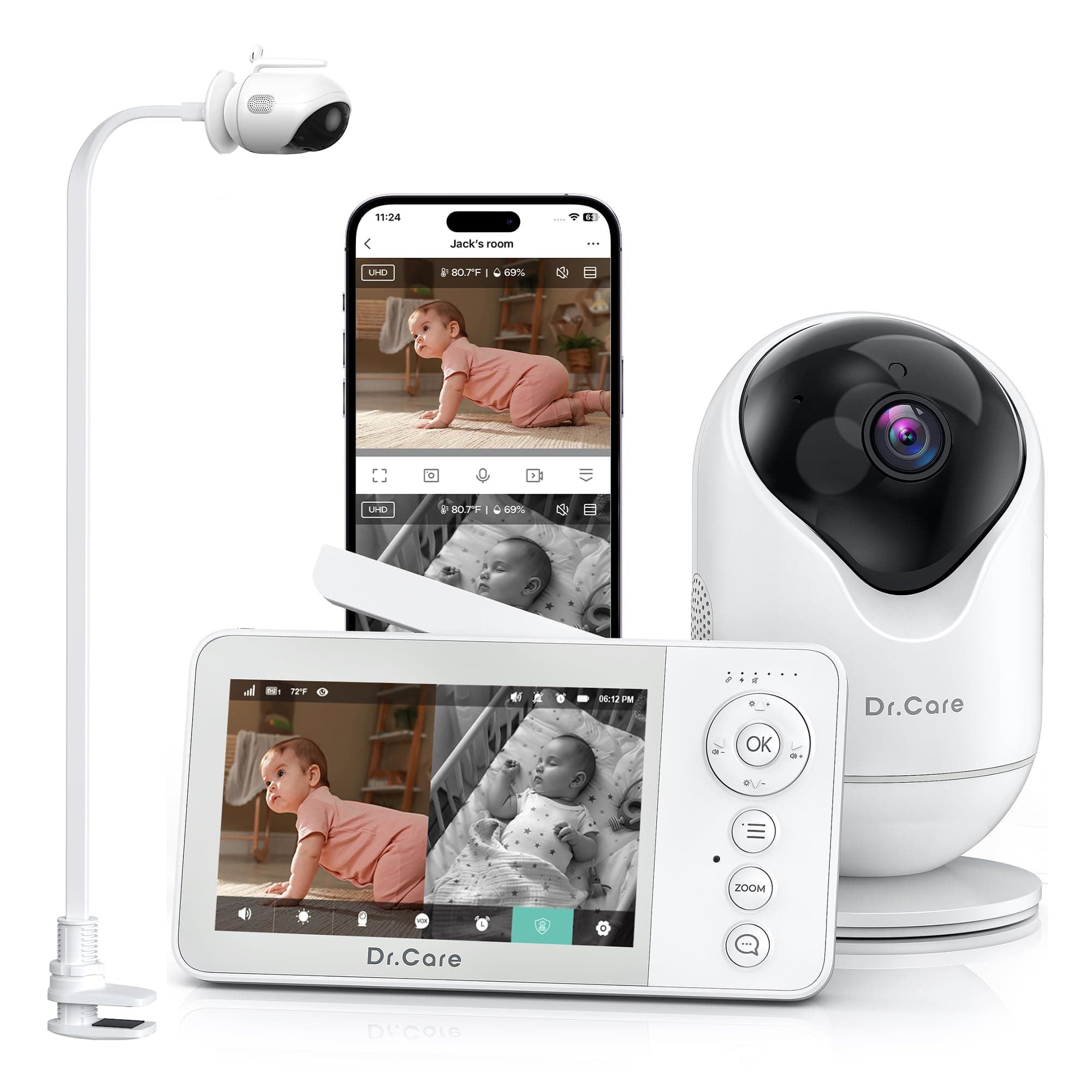 Dr. Care VistaView Lite RB Vigilabebés WiFi con Soporte Clip – Pantalla 4" 720P, Cámara 1080P, Control App, Alertas Movimiento, Batería 2500mAh extraíble, Visión Nocturna HD, Multiusuario