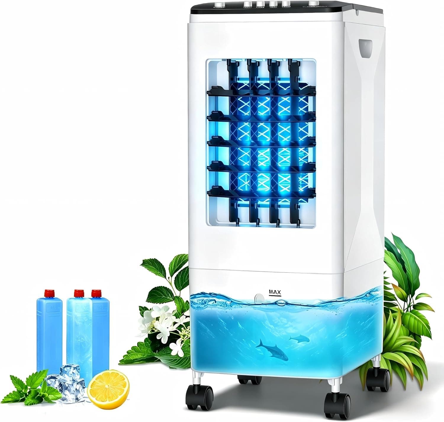 Climatiseur Mobile 3-en-1 Rafraîchisseur d’Air, Réservoir 6L, 3 Blocs Réfrigérants, 60W Économie d’Énergie, 35dB Silencieux, Oscillation 60°, 3 Vitesses, Humidificateur, Ventilateur, Maison, Bureau