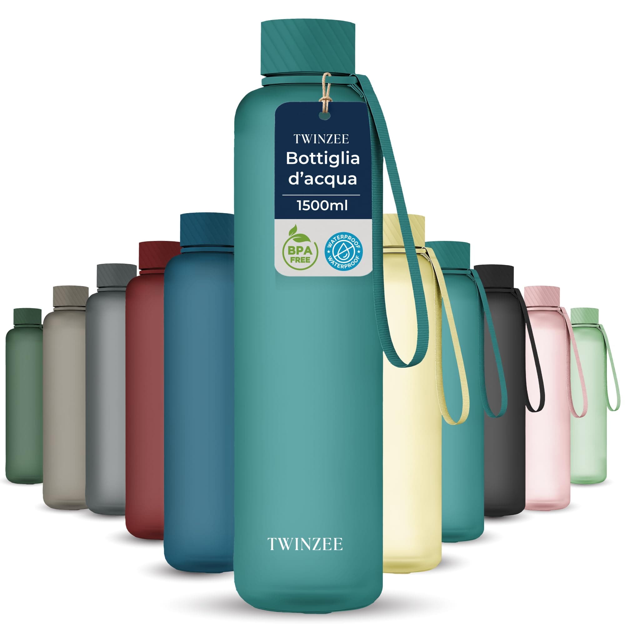 Twinzee Borraccia 1,5 litri - A Prova di Perdite, Senza BPA, Sostenibile - Water Bottle per Scuola e ufficio, Borraccia sportiva - Verde Petrolio