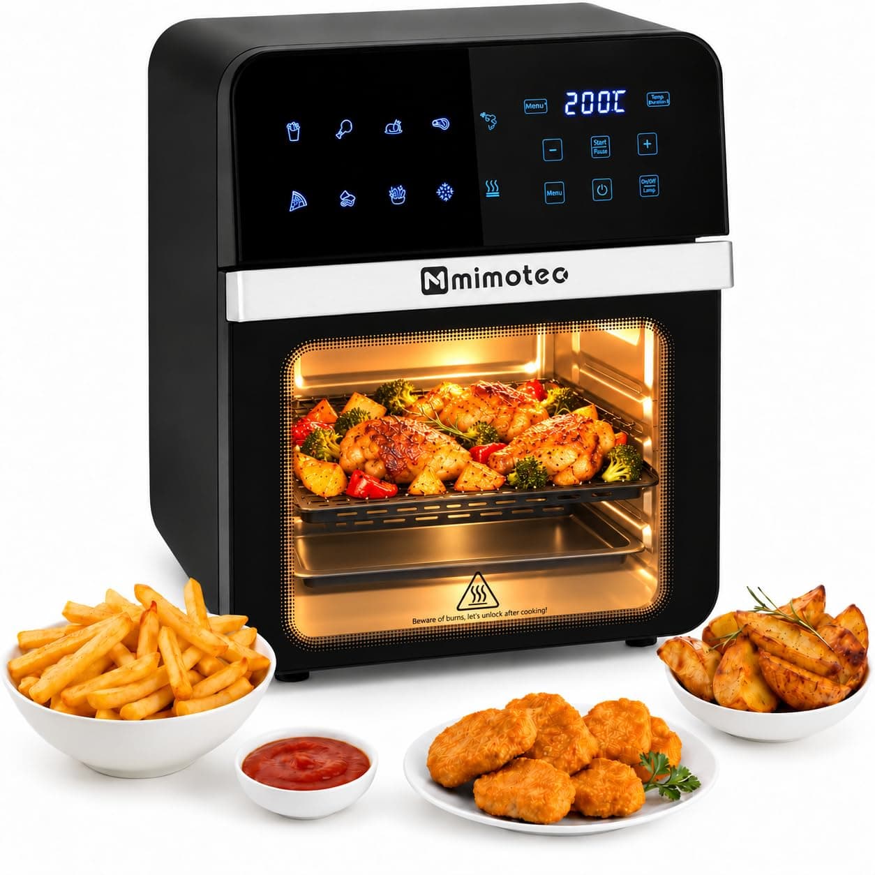 M mimotec – Air Fryer Vera Touch 10L, Freidora de Aire sin Aceite, 1800W, 10 Menús Digitales, Pantalla Táctil, Función Grill, Temporizador regulable, 2 niveles, Temperatura 80-200°C, Cocina Saludable