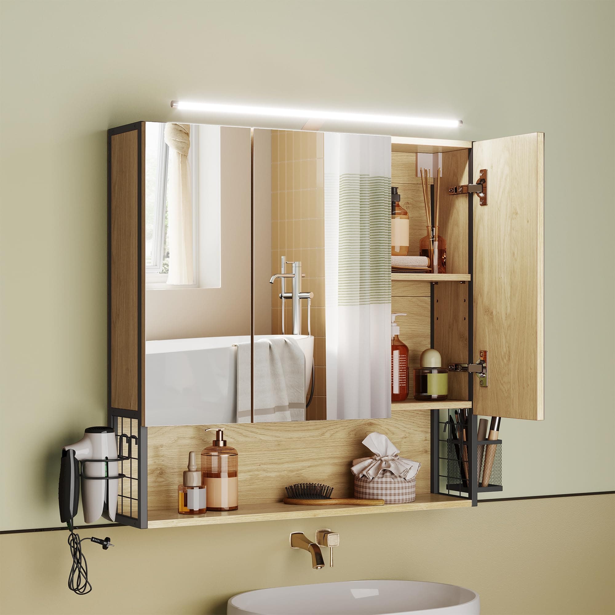 VASAGLE Armadietto da Bagno con Luce LED, Spina, Cestino Pensile, Porta Asciugacapelli, Mobile a Parete con Specchio, 14,5 x 70 x 70 cm, 3 Ante a Specchio, Rovere Naturale BBK124Y01
