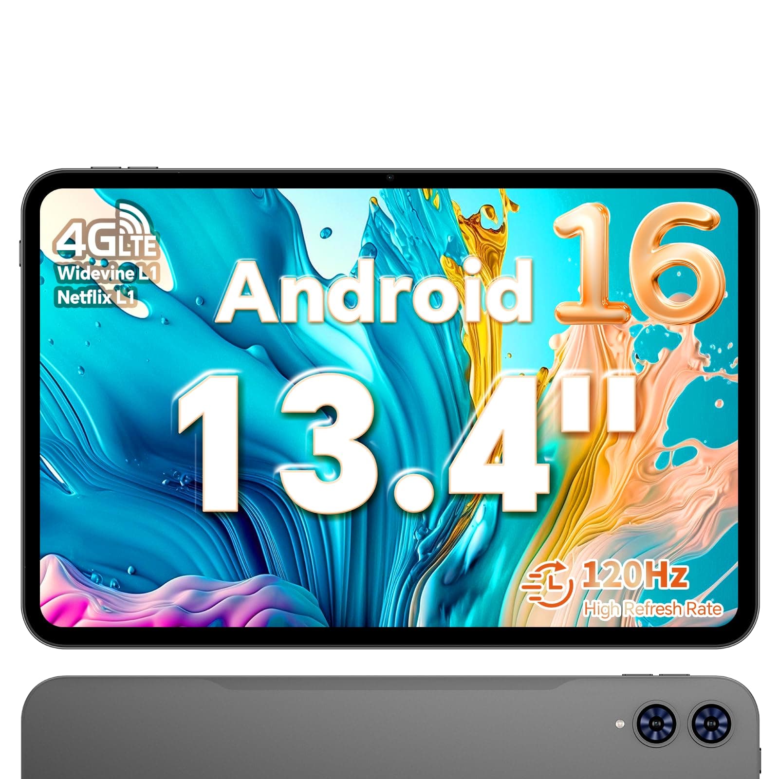 TECLAST T65 Tablette 13.4" Android 16, Écran 120Hz, Dual SIM 4G LTE, 2.2 GHz Octa-Core, 26 Go RAM + 128 Go ROM, Widevine L1, 8000 mAh, Grande Tablette Tactile pour Regarder des Films et Streaming