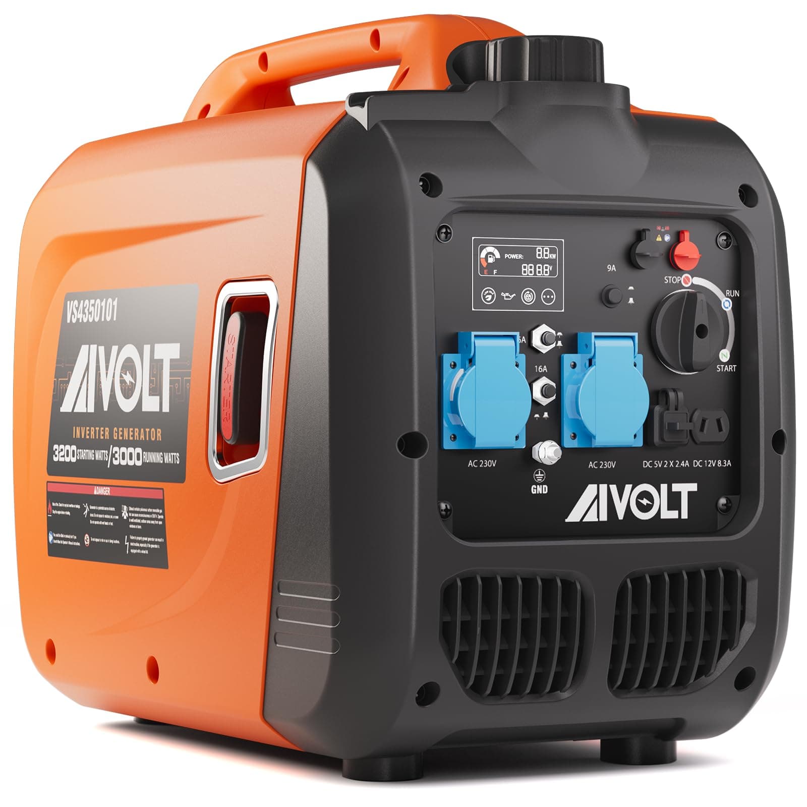 AIVOLT Groupe Électrogène d'essence 3200W Générateur d'onduleur Silencieux avec 2 Prises AC 230V, DC 12V et 2 USB Type-A Générateur d'électricité Réservoir de 3,5L pour Camping, Extérieur, Caravane