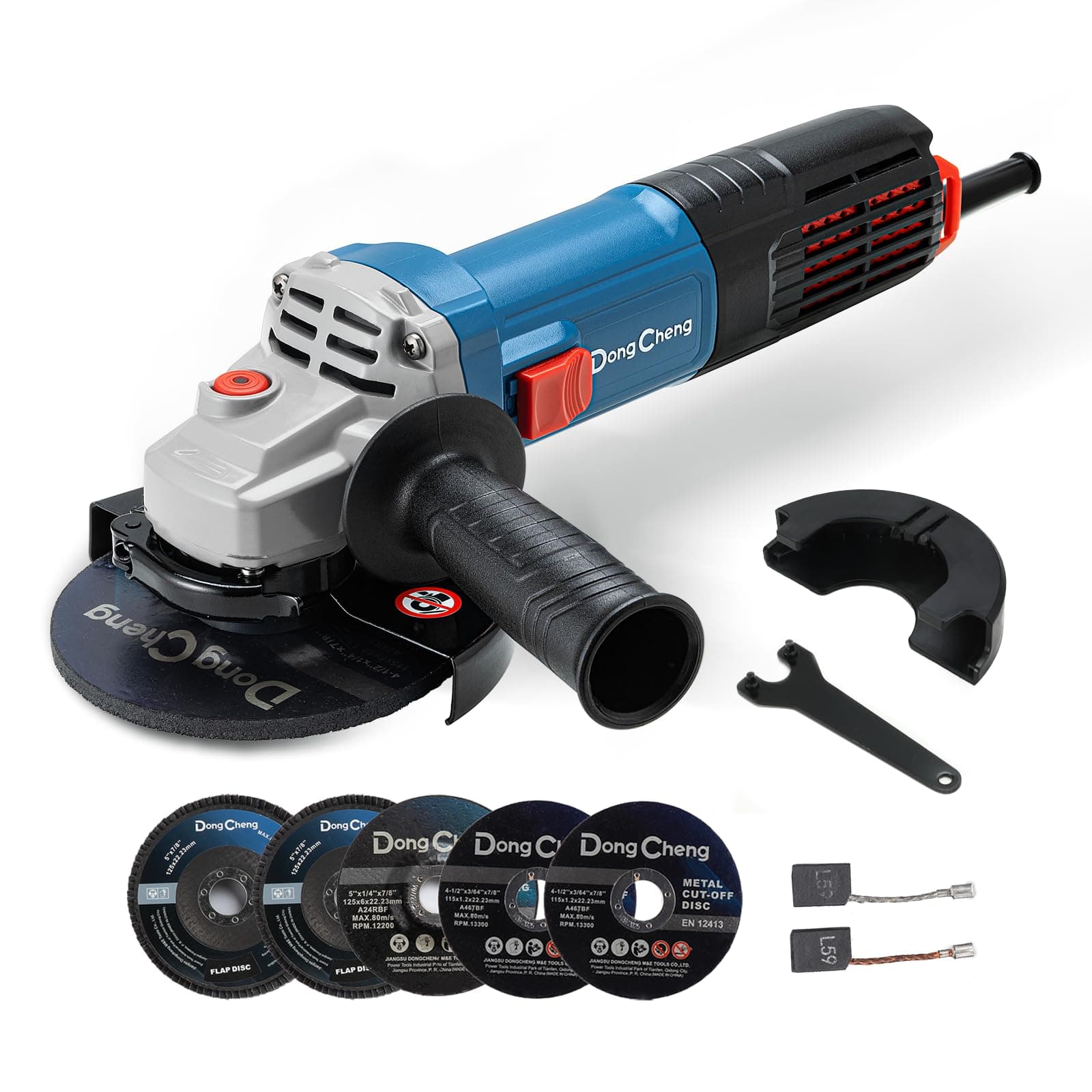 DongCheng Meuleuse d'angle 1100 W, disque-Ø:125 mm, 11 800 tr/min, capot à fixation rapide, poignée supplémentaire, avec 2 disques à meuler, 2 disques à lamelles, 2 disques à tronçonner
